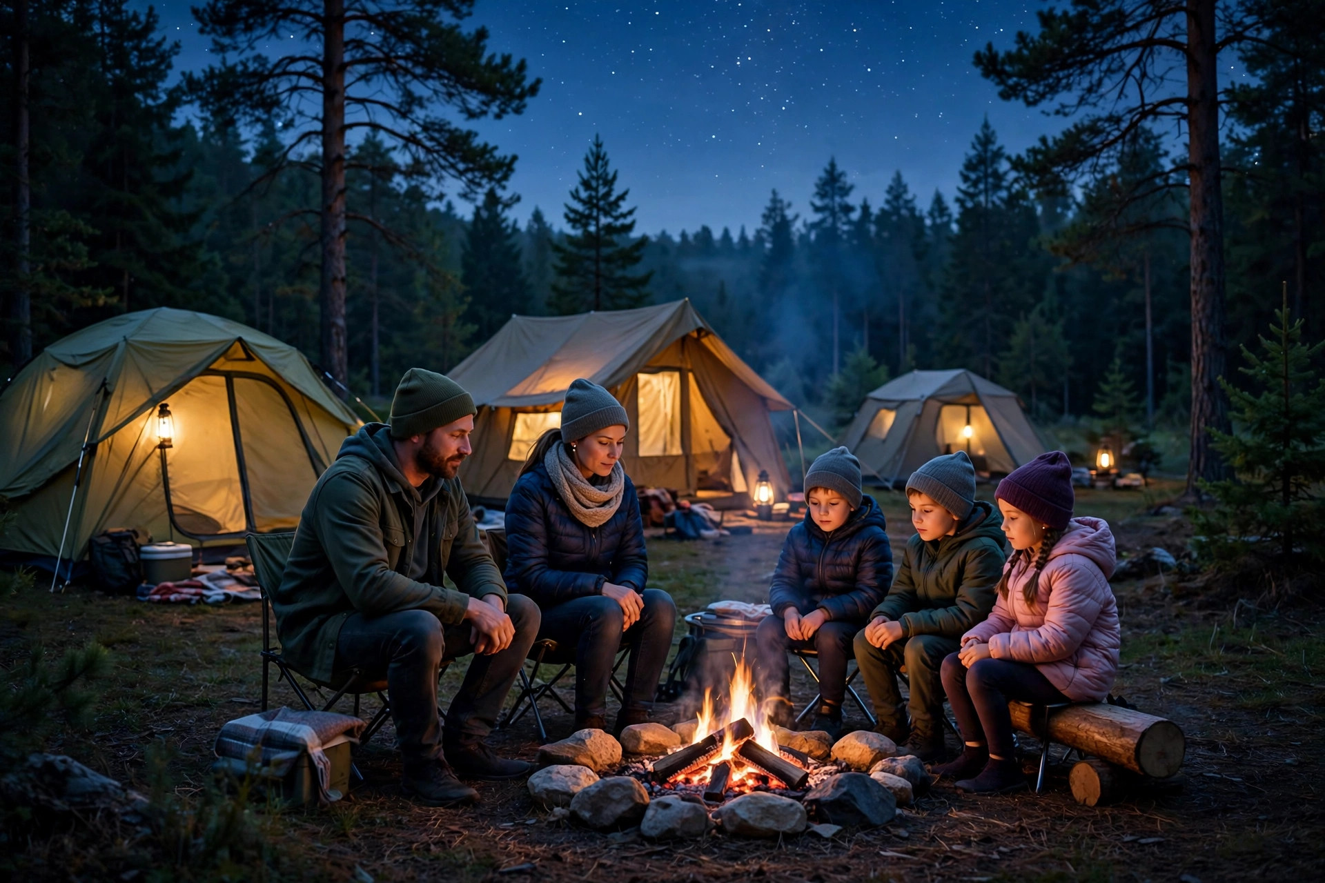 Campground Etiquette for Families: 10 Unwritten Rules 10 Calm campground at dusk with glowing lanterns and a small family campfire under stars