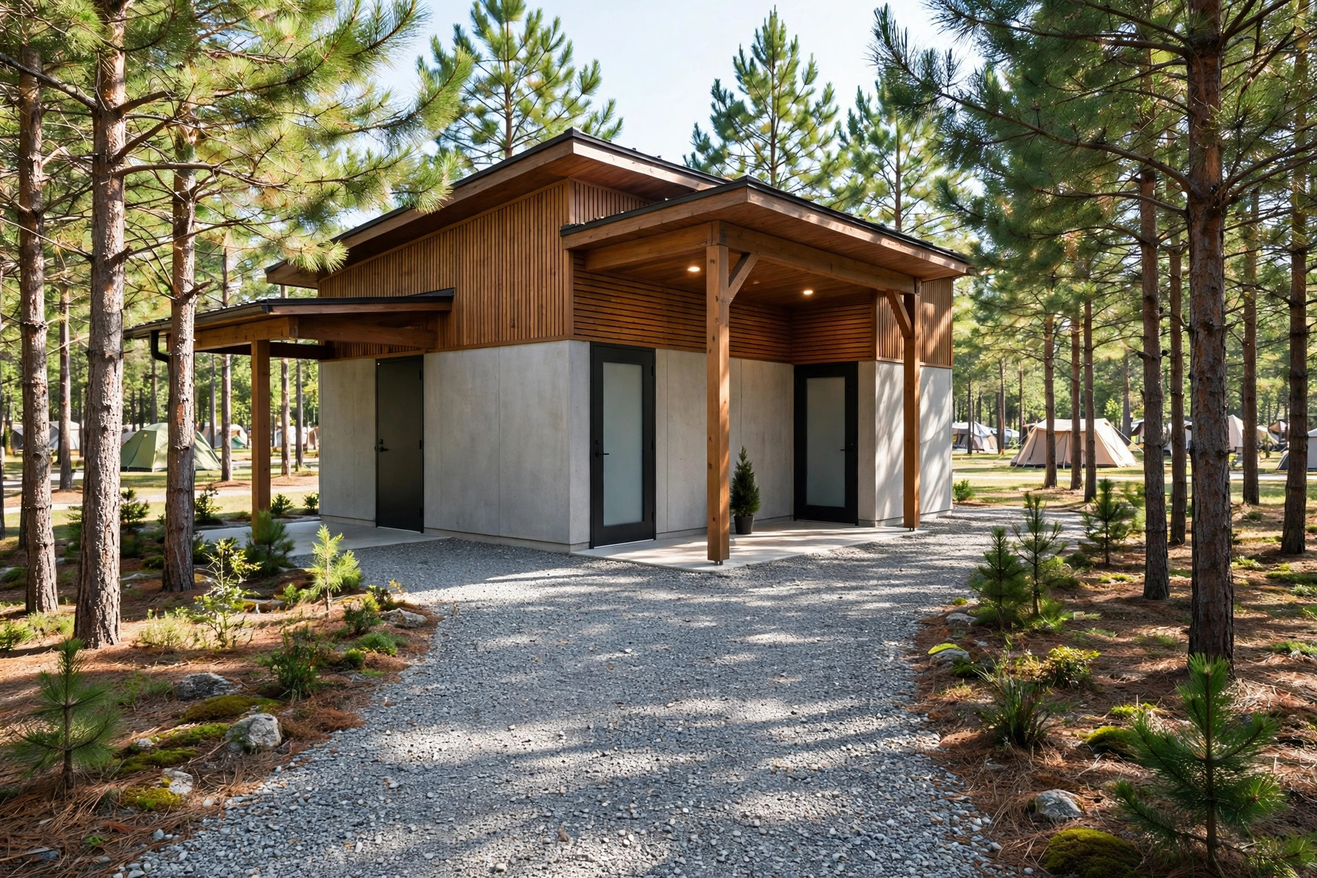 12 Questions to Ask Before Booking a Family Campground 11 Clean modern restroom and shower building with wooden accents at a family campground