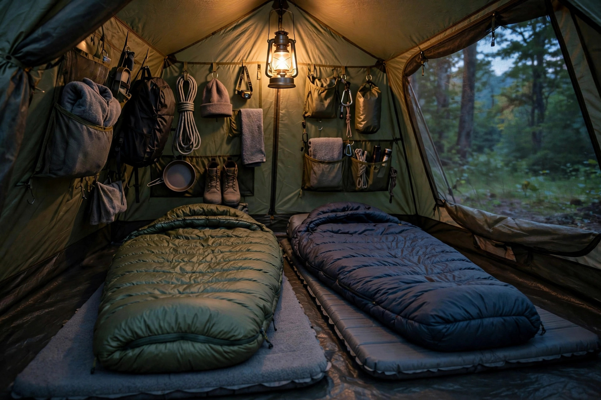 Cozy tent interior with sleeping bags, sleeping pads and a warm lantern — camping sleep setup