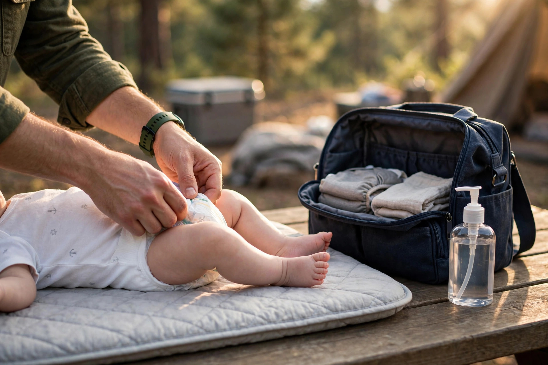 Parent changing a baby’s diaper on a portable changing pad at a forest campsite