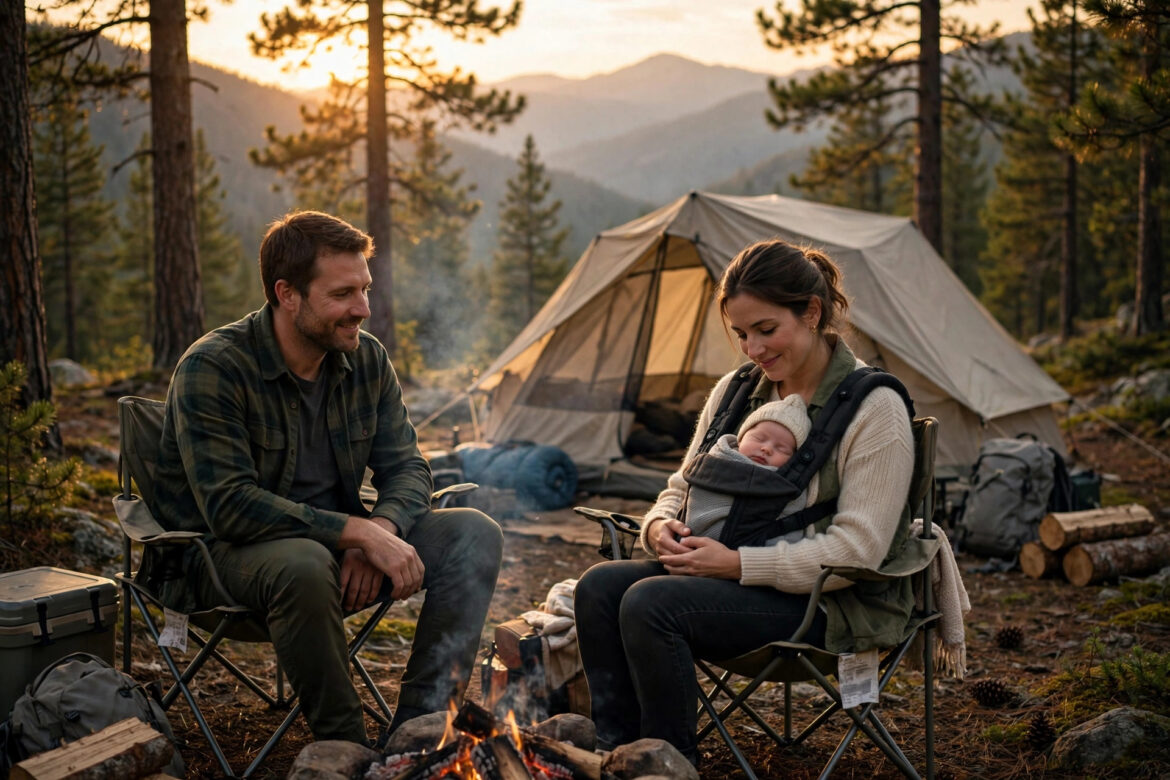 Family campsite at golden hour with pine trees, a tent, and parents relaxing with a newborn baby in a carrier by a campfire