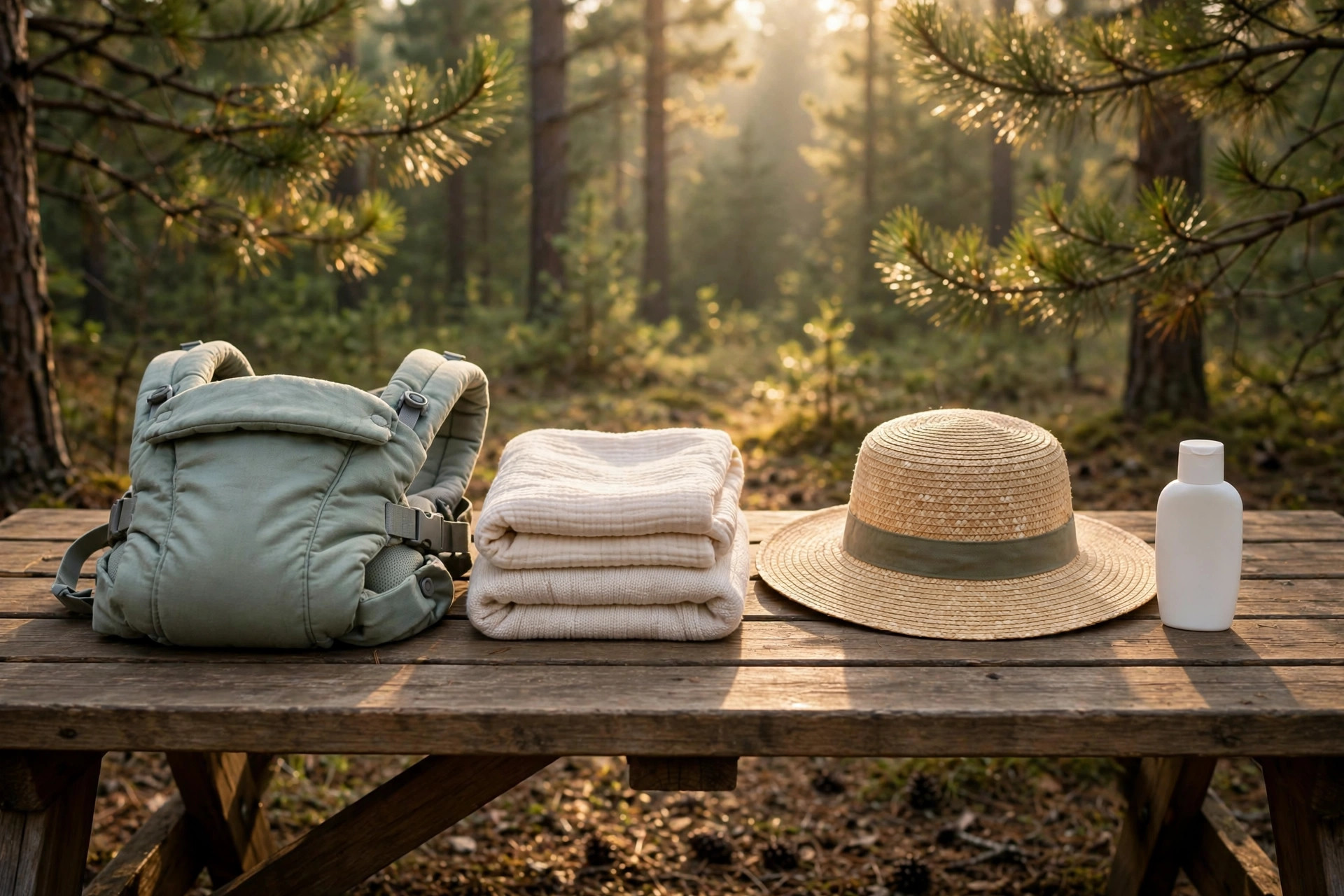 Newborn camping essentials including a baby carrier, blankets, a sun hat, and sunscreen arranged on a picnic table