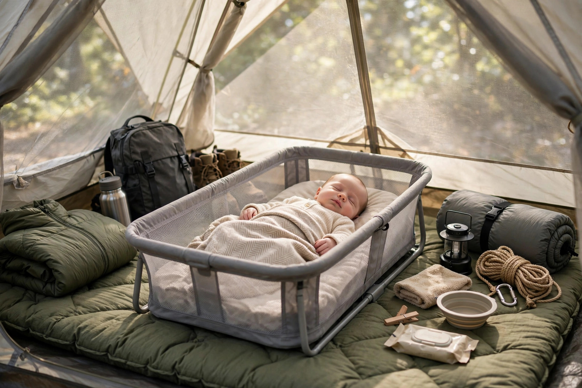 Newborn sleeping safely on their back in a portable bassinet inside a bright camping tent