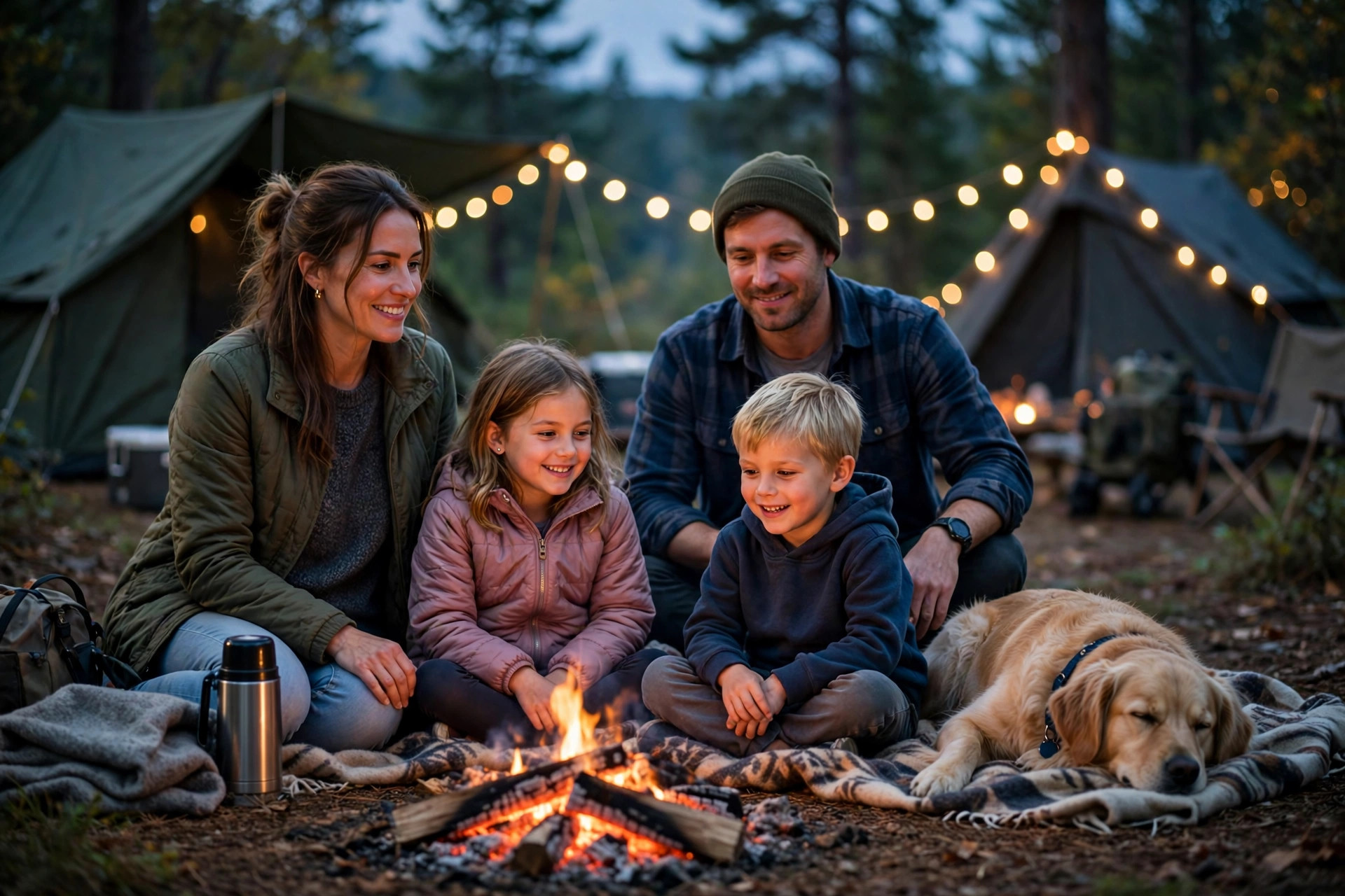 Family with children and dog around a campfire at dusk