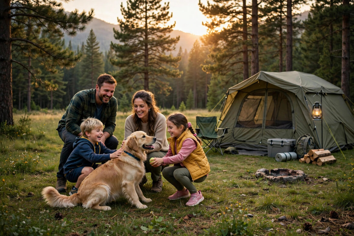 Family camping with a golden retriever dog at a forest campsite at golden hour