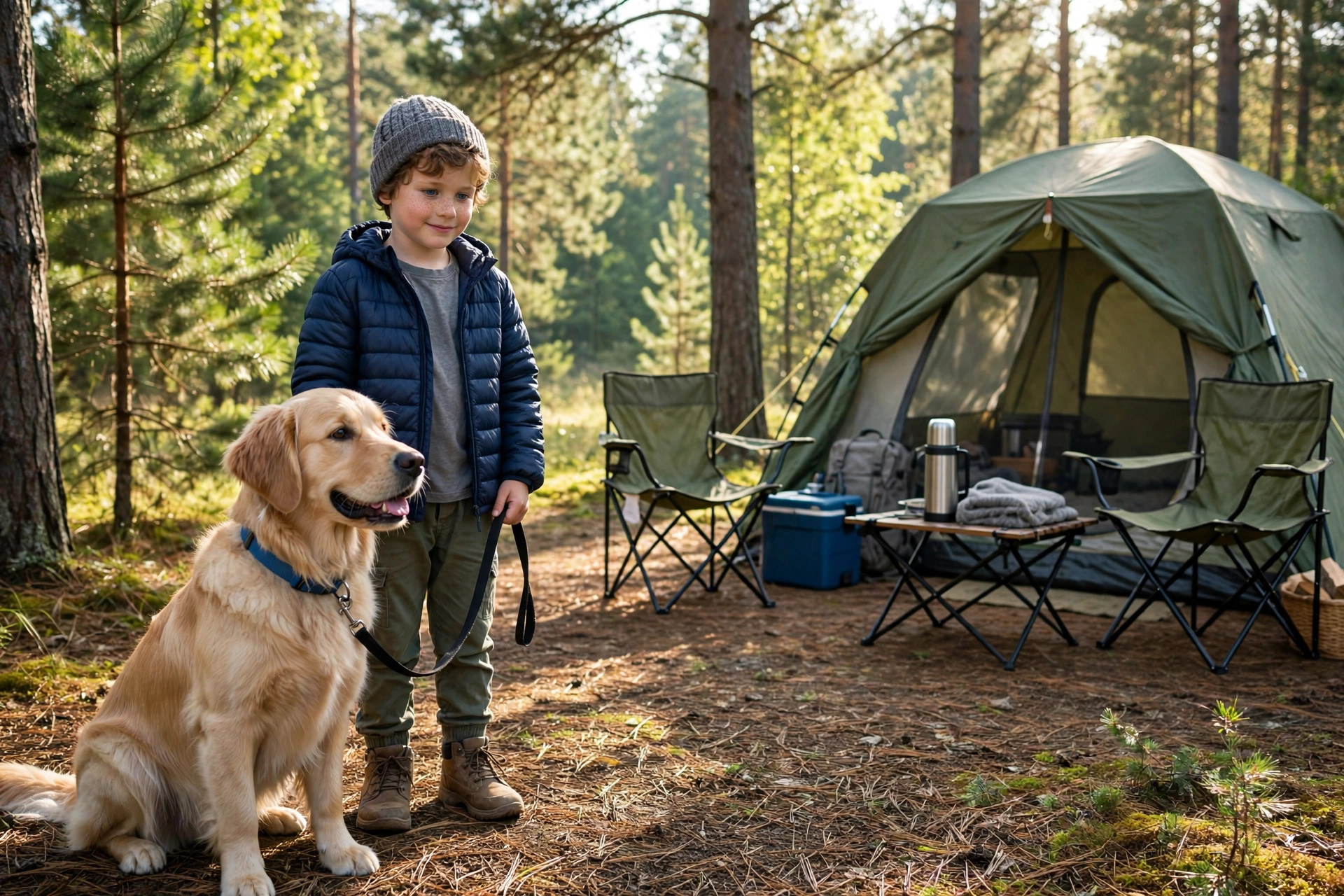 Child holding a leash with a calm dog beside a family campsite