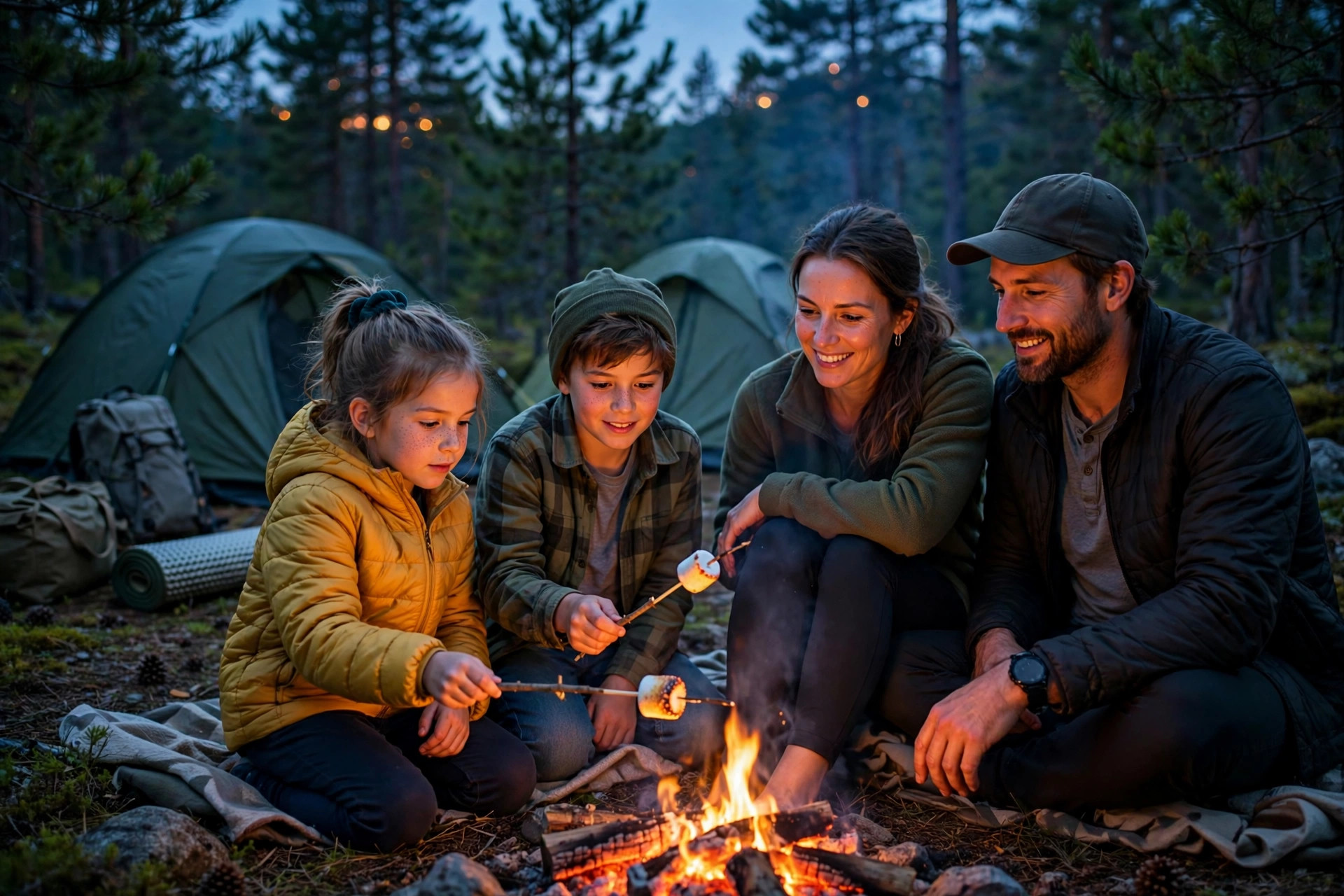 Family with kids roasting marshmallows over a campfire at dusk — camping with kids