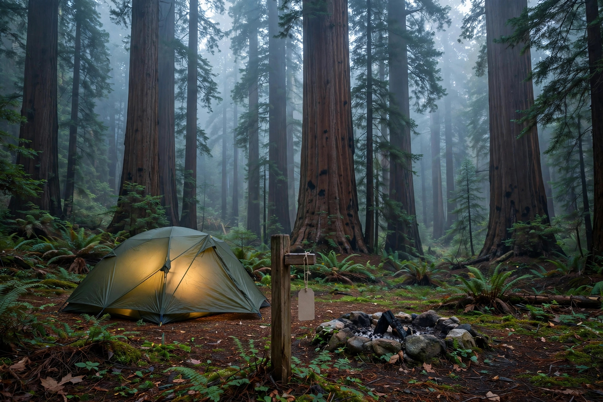 Peaceful tent campsite at dawn in a national park with morning mist