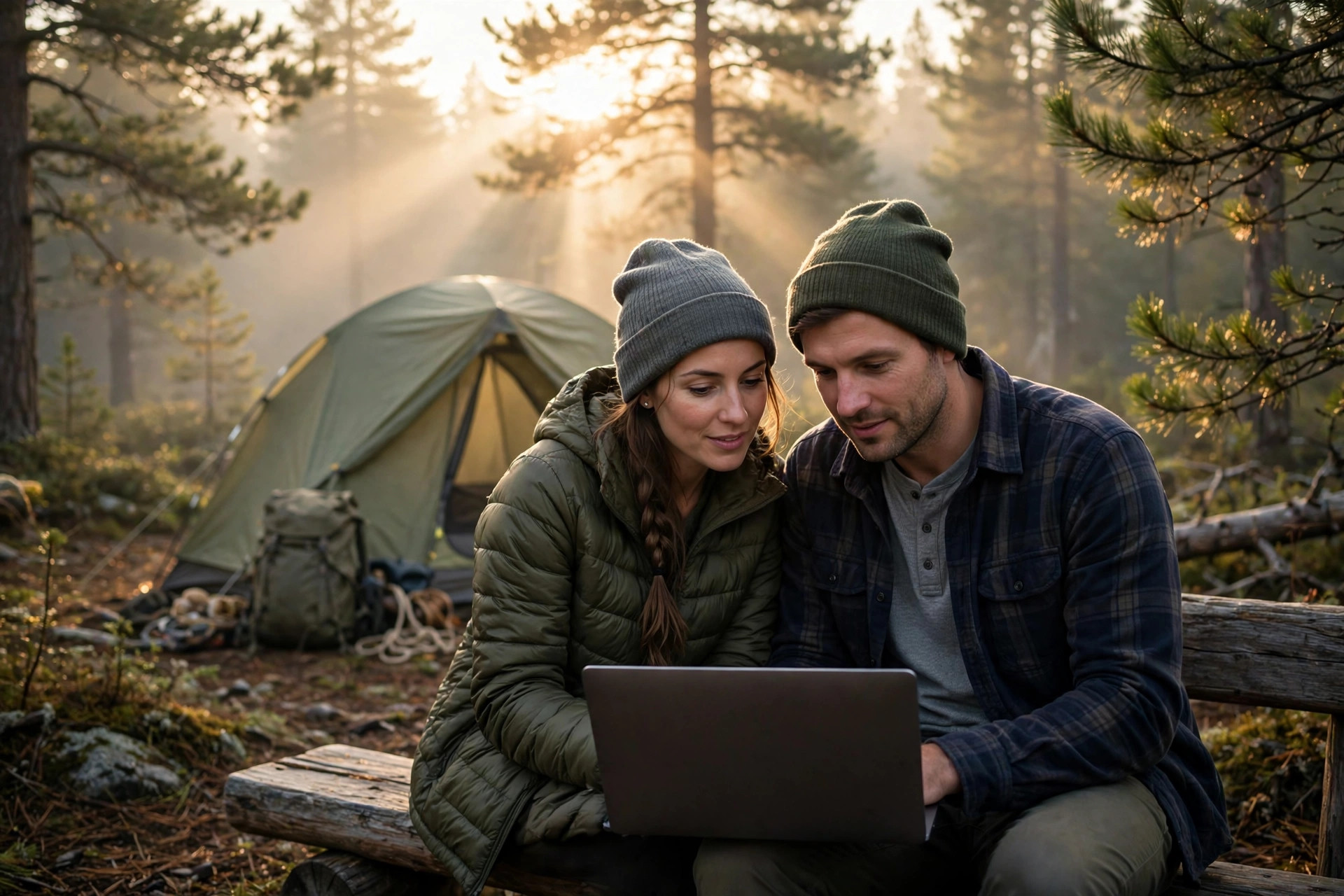 Parents planning their family camping trip on a laptop at a forest campsite