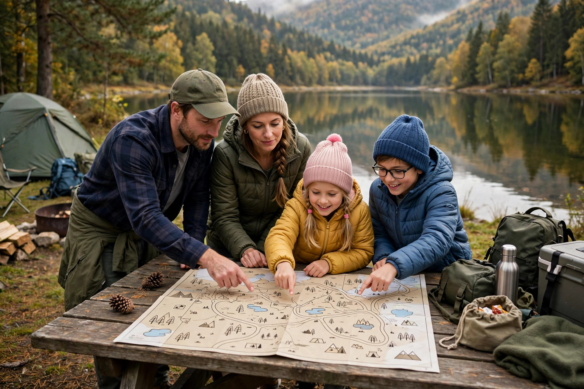 Family studying a park map together on a picnic table at a lakeside campsite