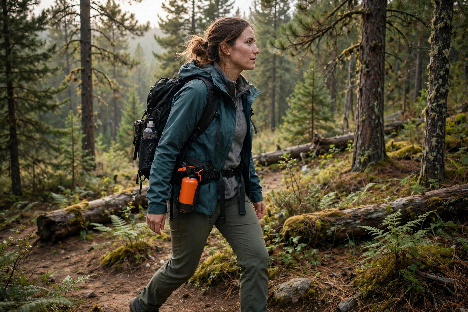 Continental Divide Trail Gear List 12 Hiker with bear spray clipped to backpack hip belt on a forested Montana trail