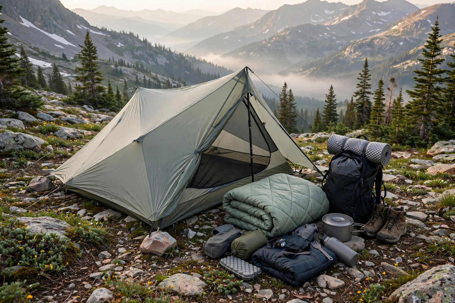 Continental Divide Trail Gear List 10 Lightweight trekking-pole tent pitched at a mountain campsite with backpacking gear arranged beside it