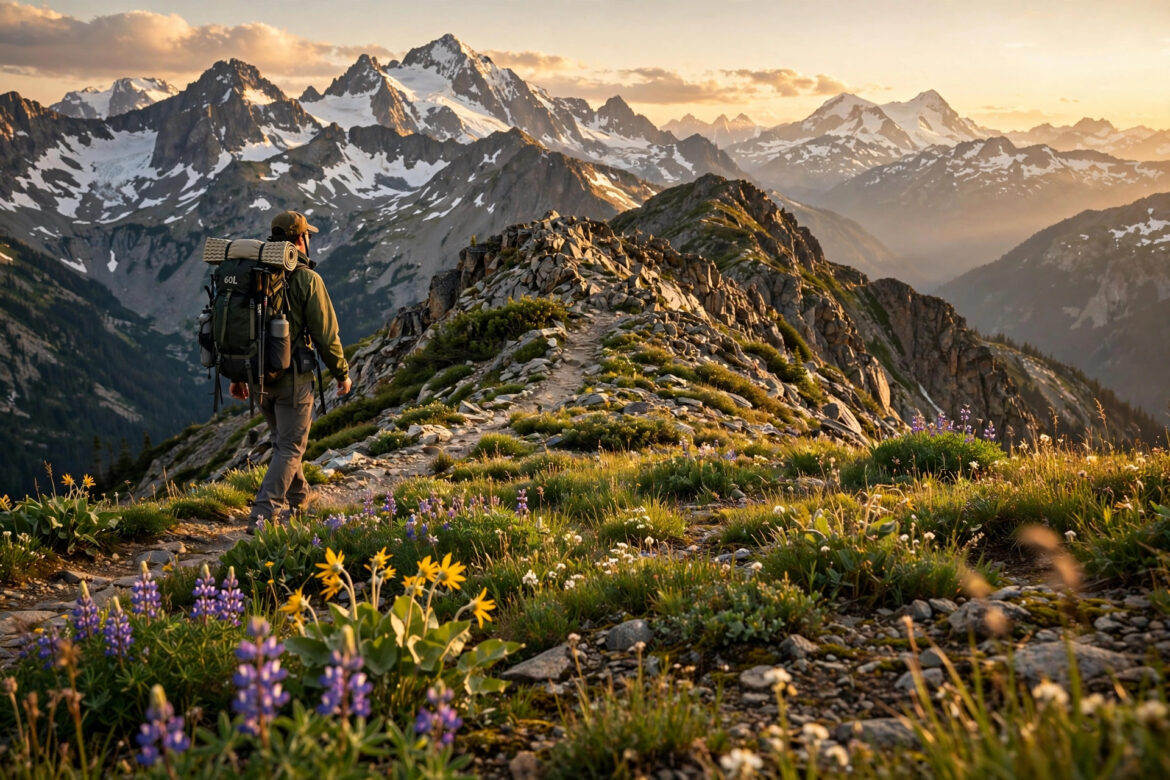 Thru-hiker with backpack walking the Continental Divide Trail along a rocky mountain ridgeline at golden hour