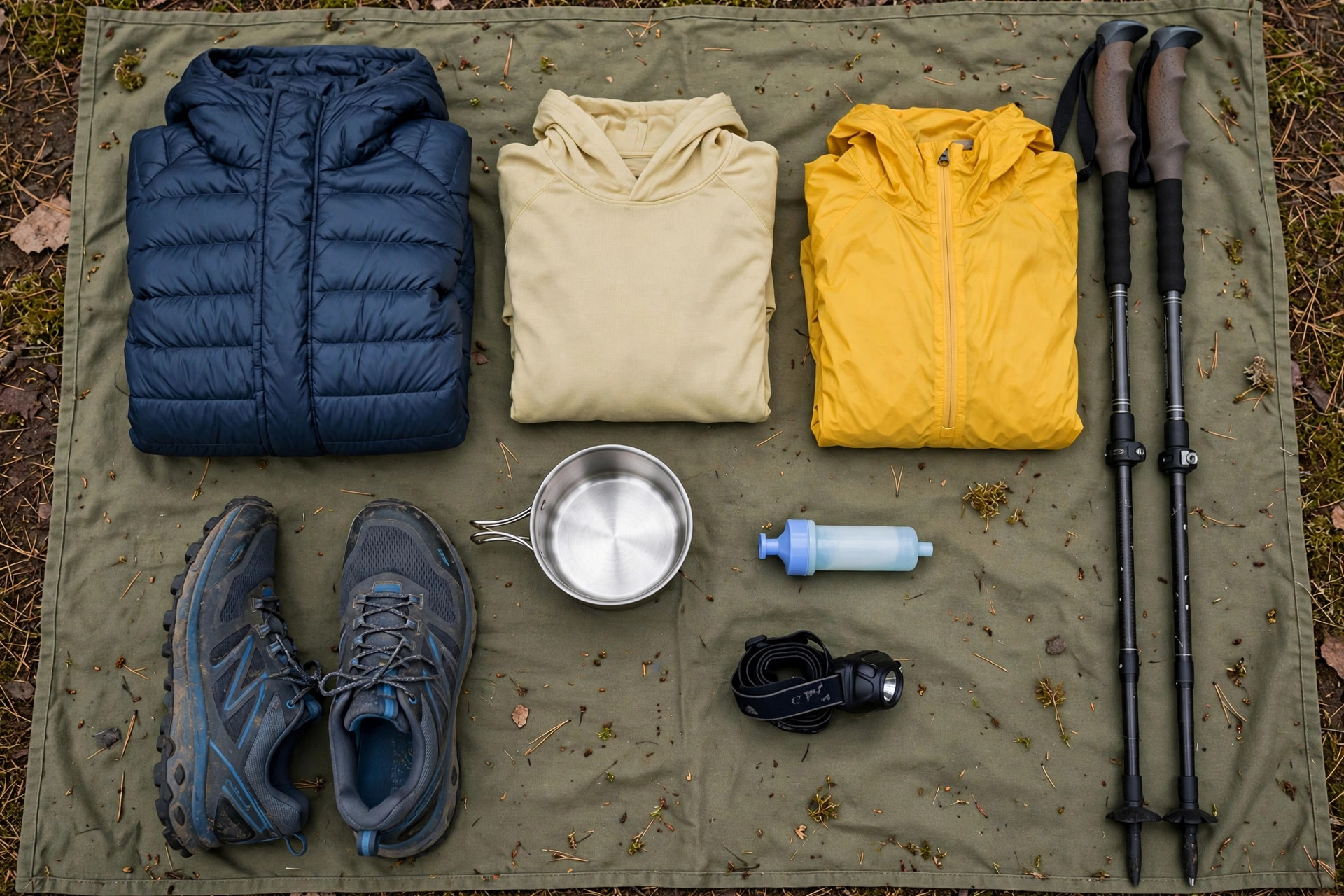 Continental Divide Trail Gear List 11 Flat lay of Continental Divide Trail thru-hiking gear including trail runners, puffy jacket, cook pot and trekking poles