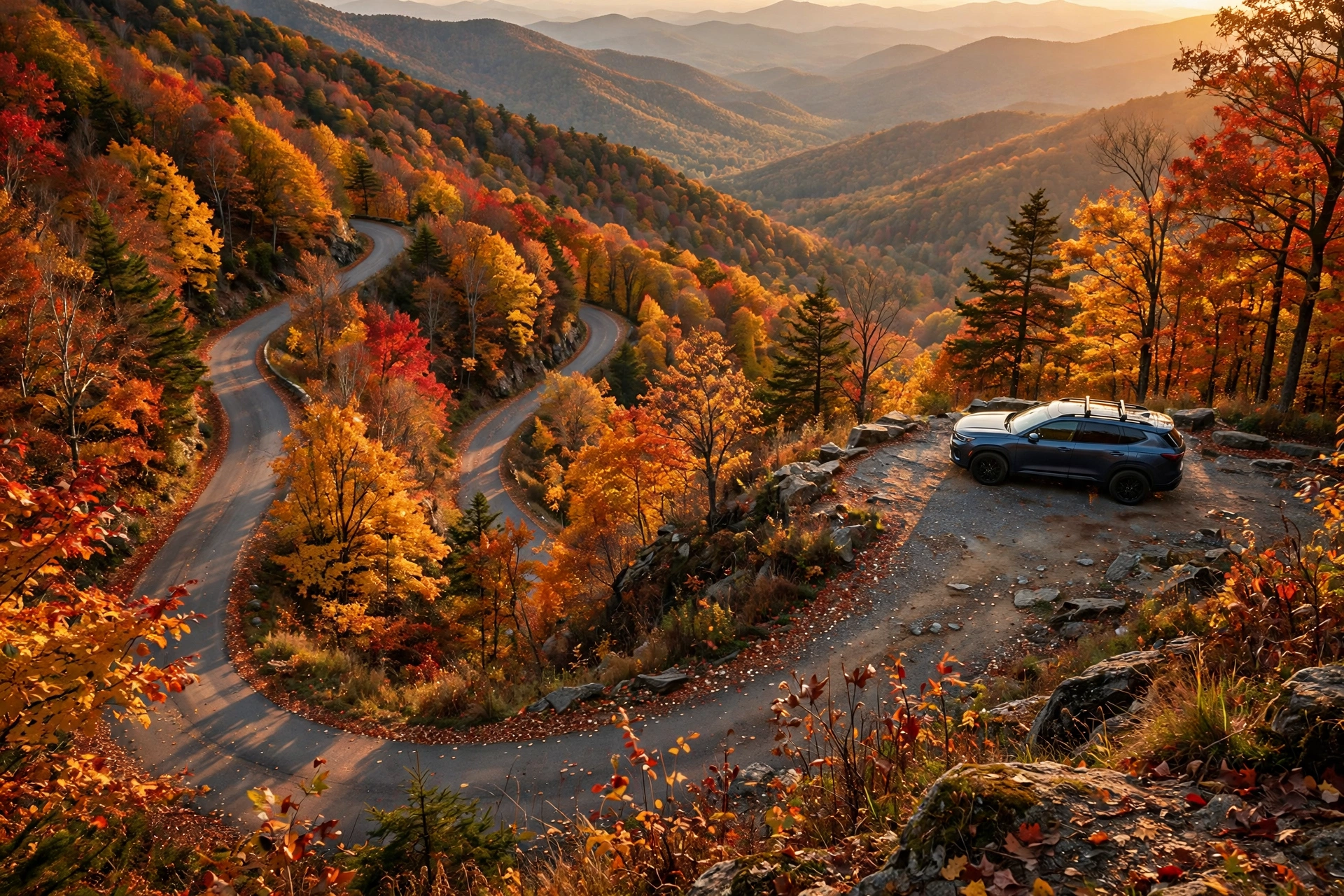 Cheapest Months to Visit Popular US Destinations (2026 Guide) 12 Family SUV at a roadside overlook on a winding mountain road through red and orange fall foliage