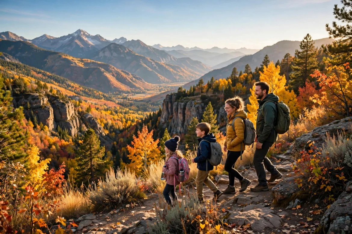Family hiking on a scenic autumn overlook with fall foliage and mountain peaks, the cheapest months to visit popular US destinations