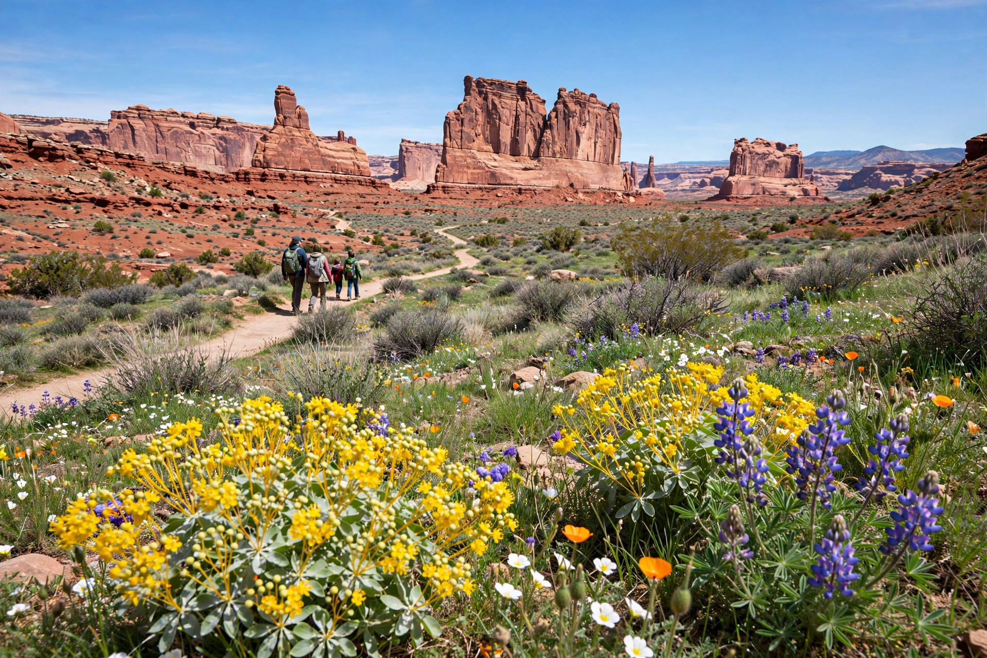 Cheapest Months to Visit Popular US Destinations (2026 Guide) 10 Family hiking a desert trail past spring wildflowers under red rock formations at a national park