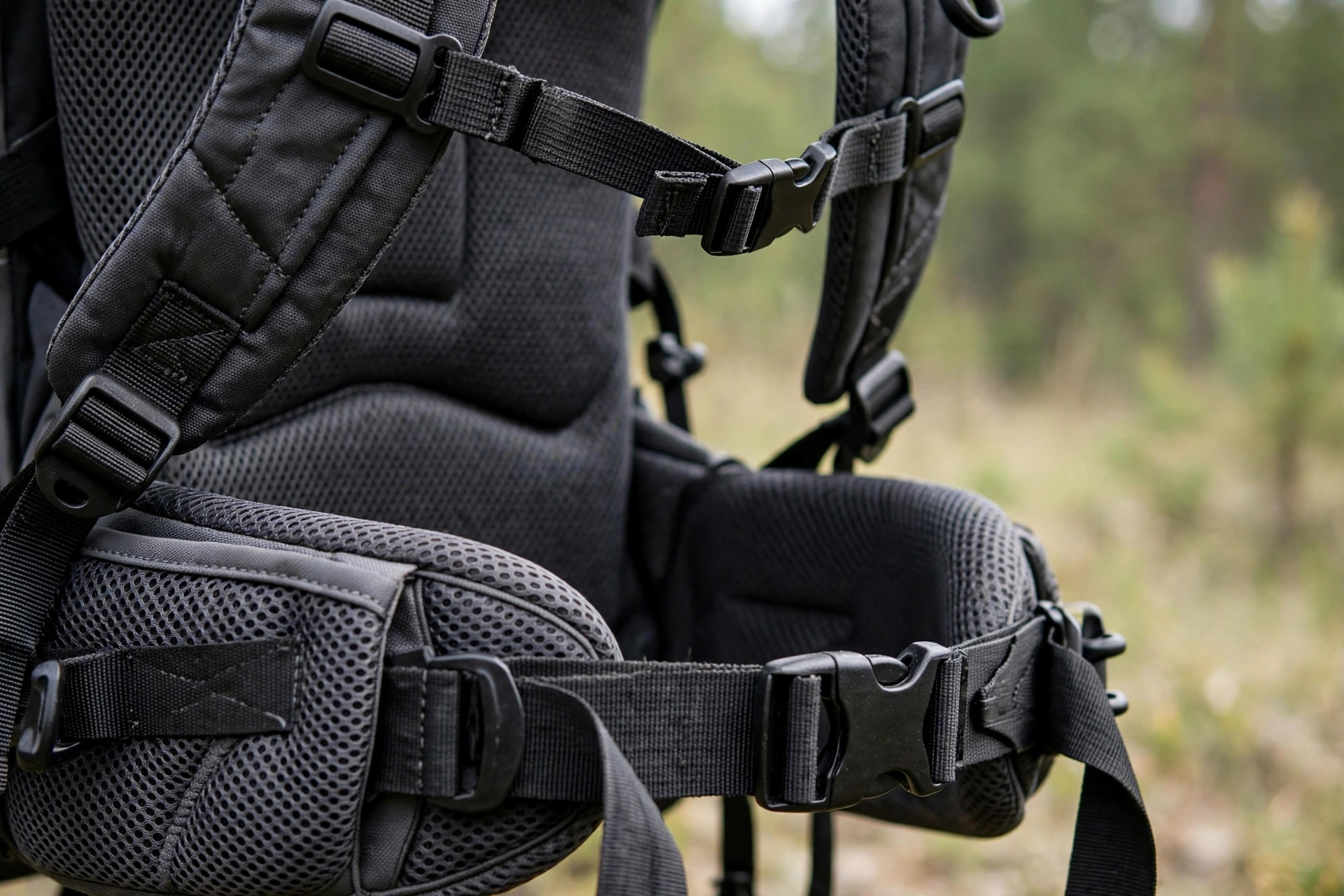 Close-up of adjustable padded hip belt and shoulder straps on a child carrier hiking backpack