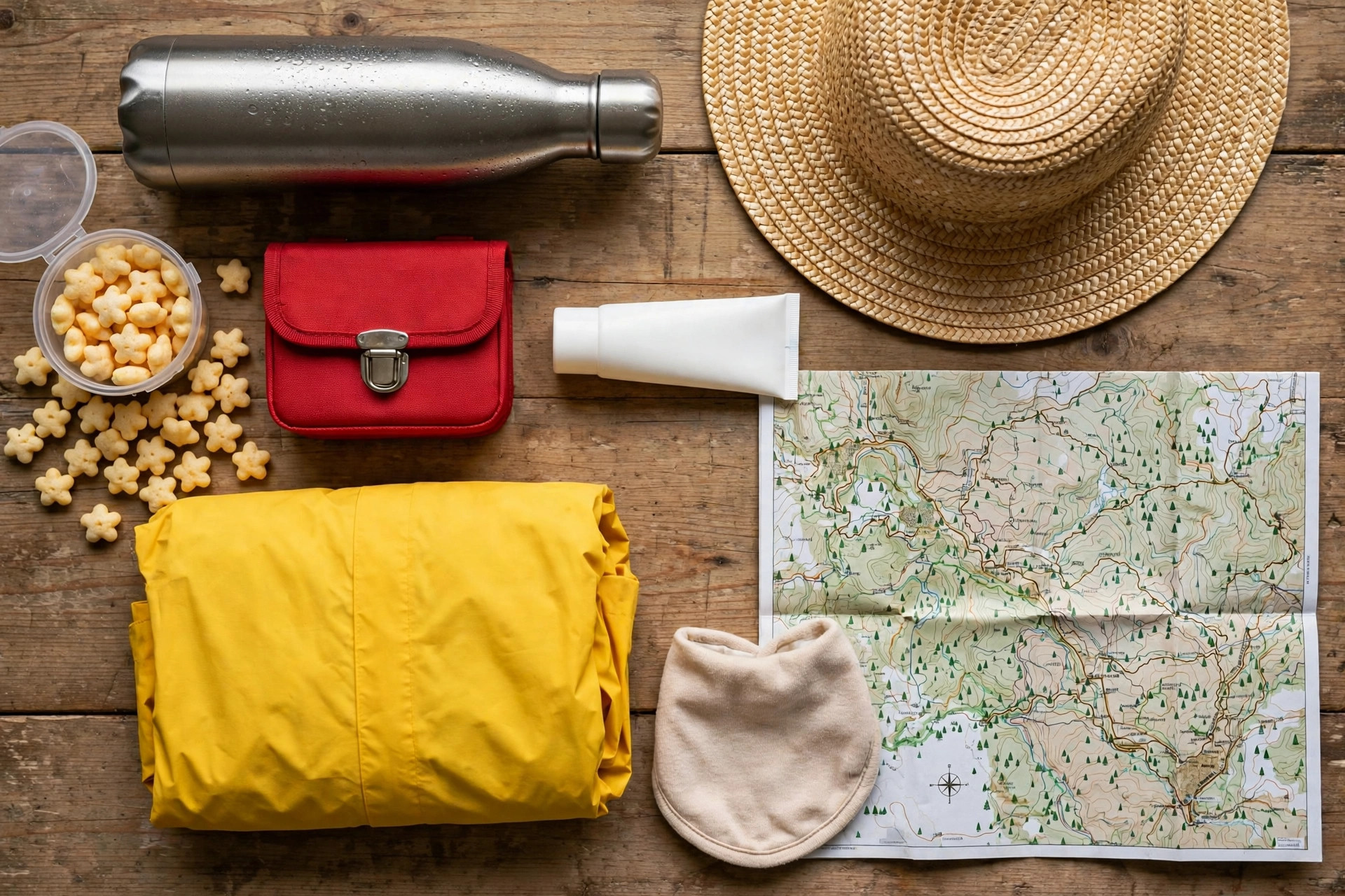 Flat-lay of daypack essentials for hiking with a toddler in a child carrier backpack