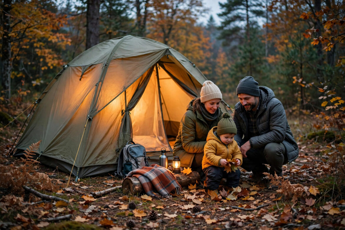 Family tent glowing at dusk in an autumn forest campsite with parents and a toddler in warm jackets nearby