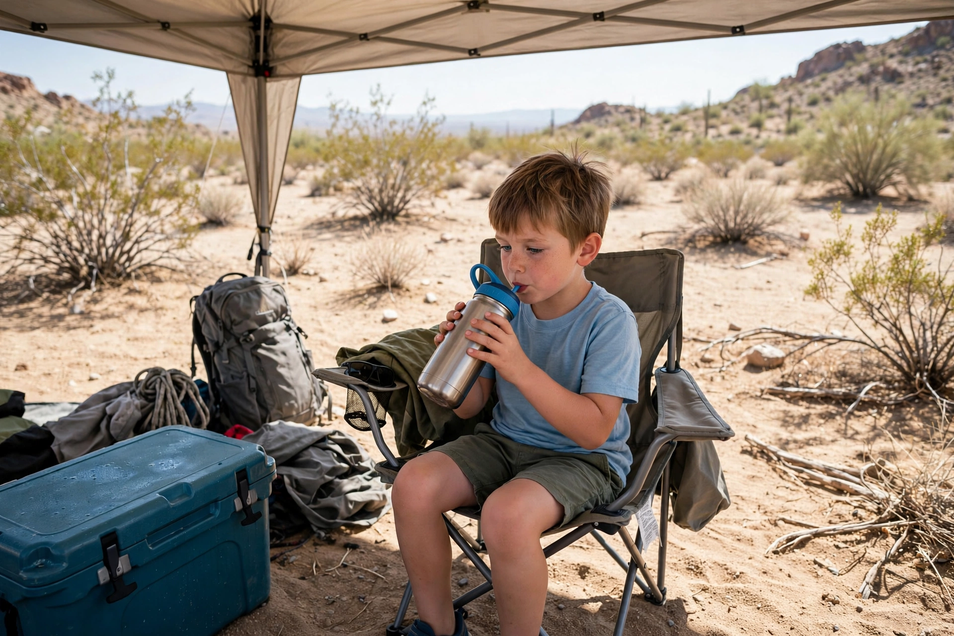 Desert Camping with Kids: Heat Safety, Gear & Family Fun (2026 Guide) 11 Child drinking water in the shade of a canopy at a desert campsite