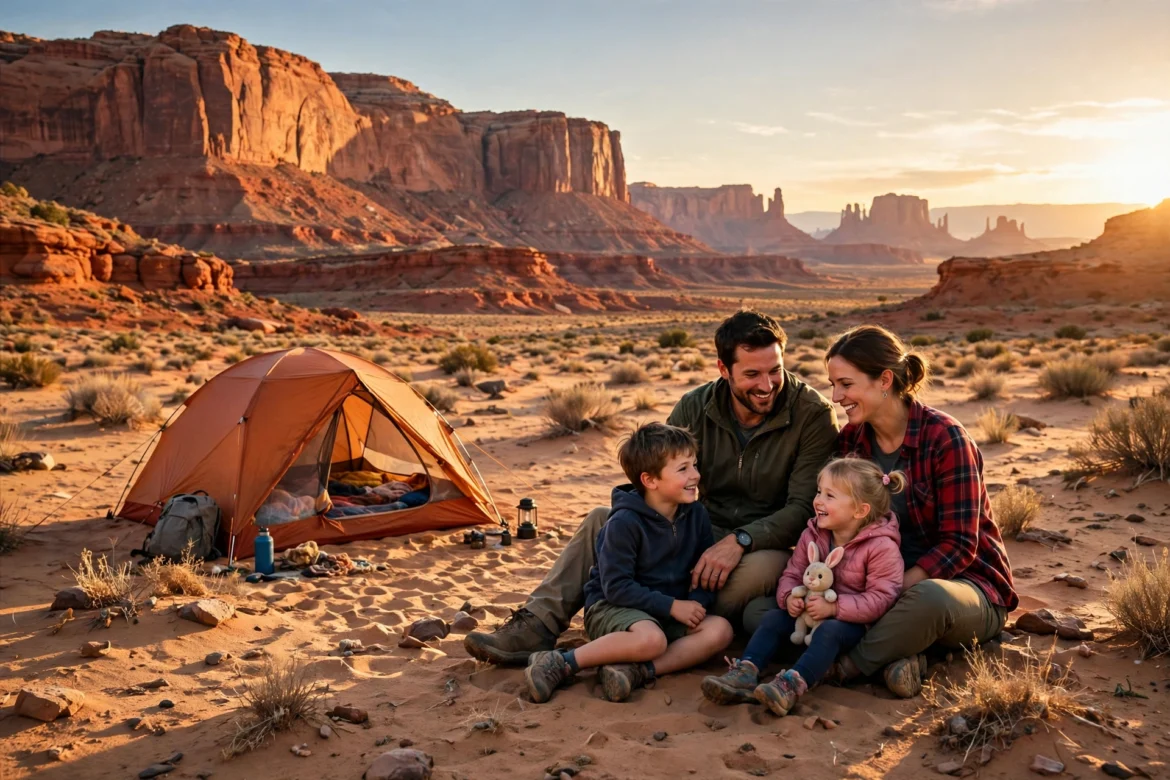 Family camping in a red rock desert at golden hour with a tent and sandstone cliffs