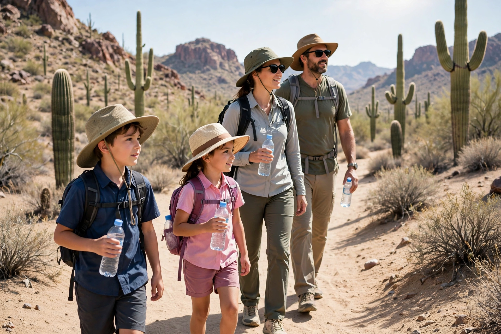 Desert Camping with Kids: Heat Safety, Gear & Family Fun (2026 Guide) 10 Children in sun hats hiking a desert trail with saguaro cacti