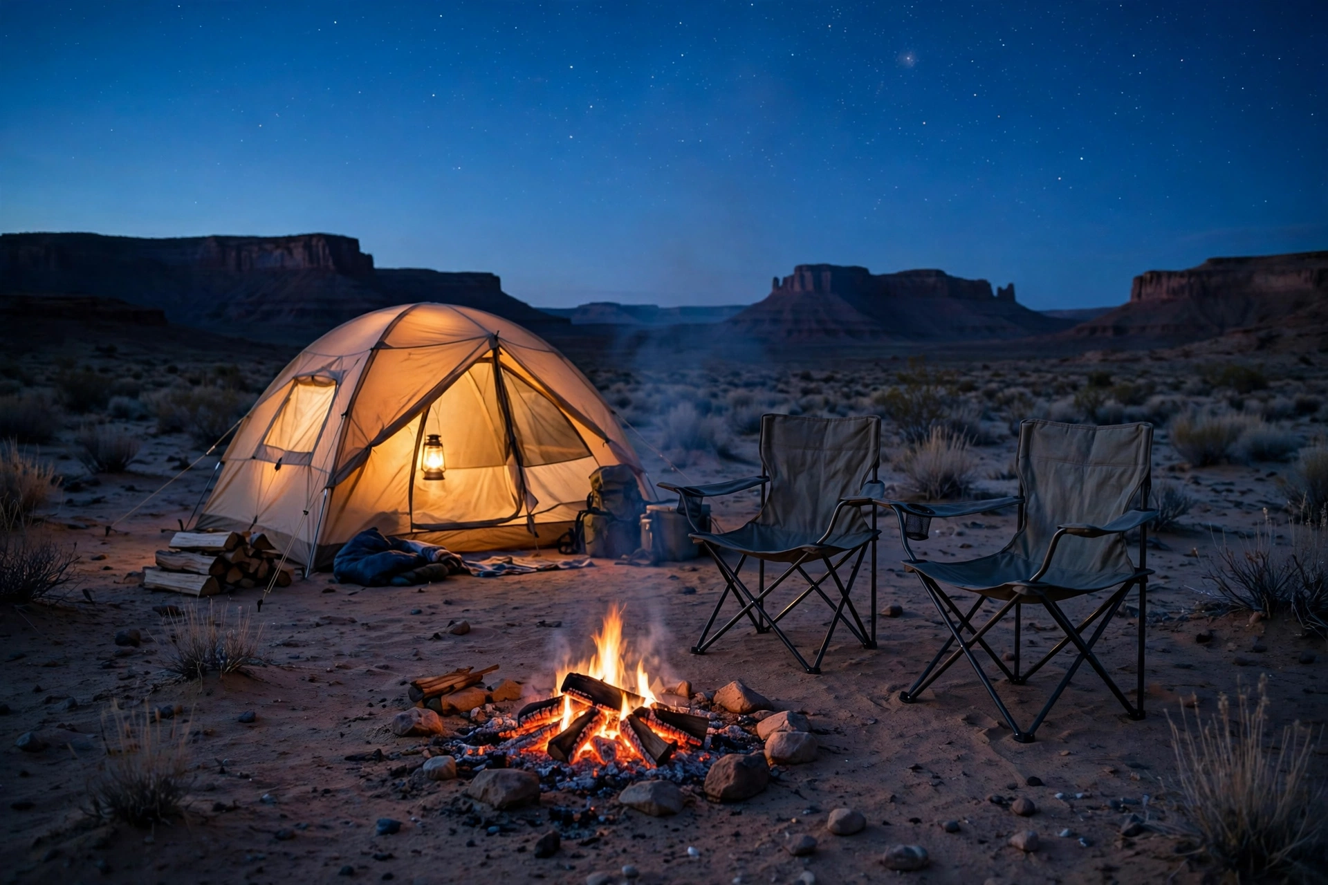 Desert Camping with Kids: Heat Safety, Gear & Family Fun (2026 Guide) 12 Family desert campsite at dusk with a glowing tent and stars over mesas
