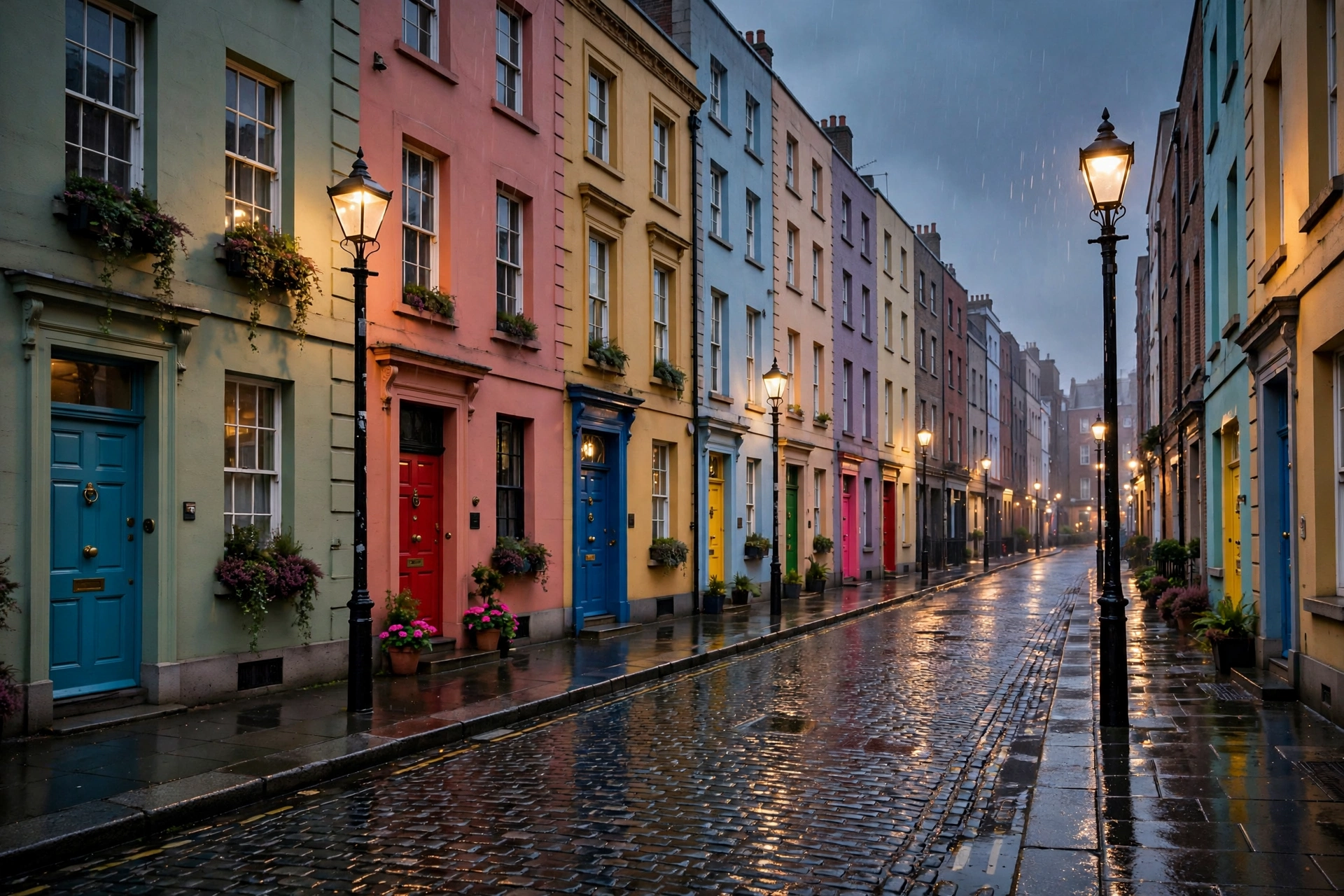 3 Days Dublin 10 Colorful Georgian houses with painted doors on a Dublin street at dusk