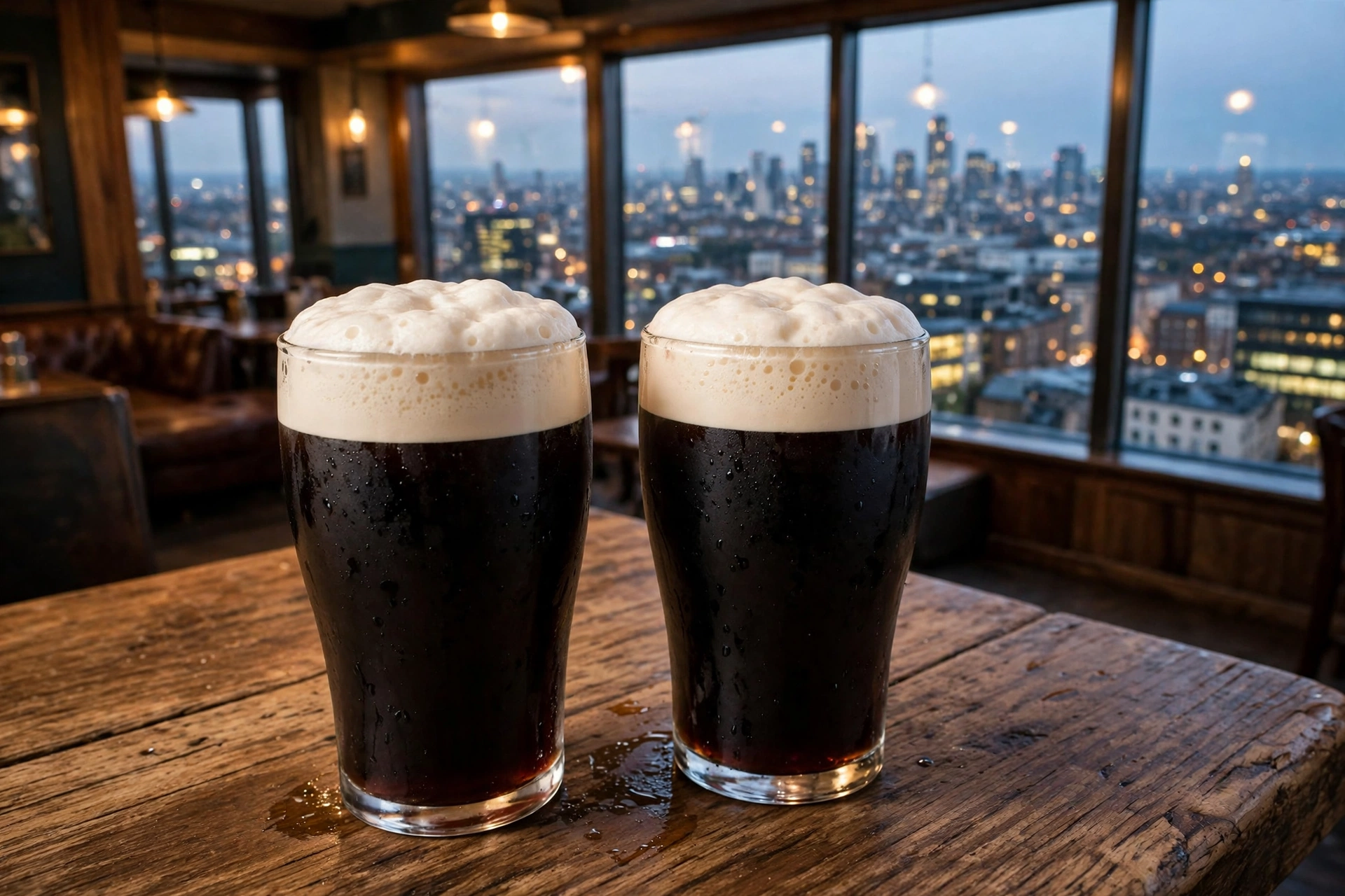 3 Days Dublin 12 Two pints of stout with creamy heads on a pub table overlooking the Dublin skyline
