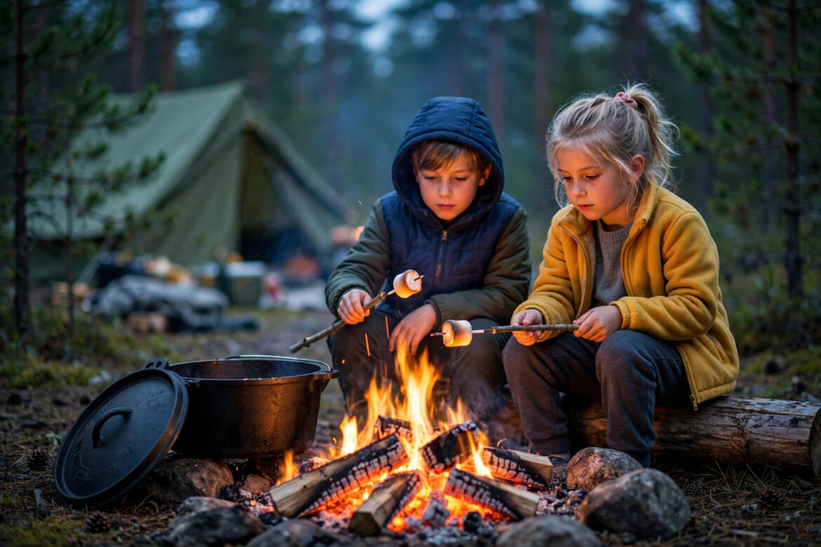 Two kids roasting marshmallows over a campfire with a cast iron Dutch oven at a forest campsite