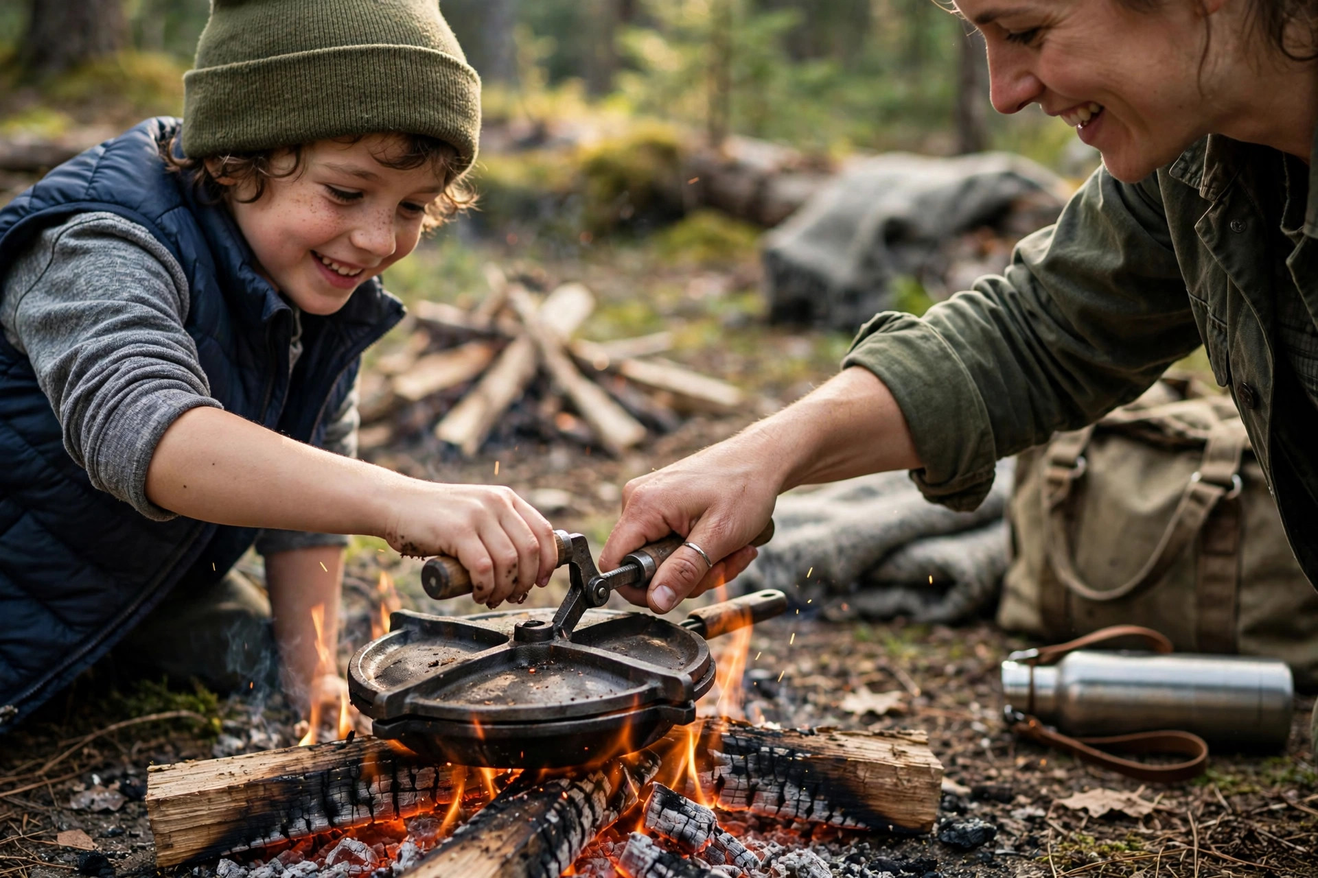Easiest Camping Meals For Kids 11 Parent and child making hobo pies over a campfire