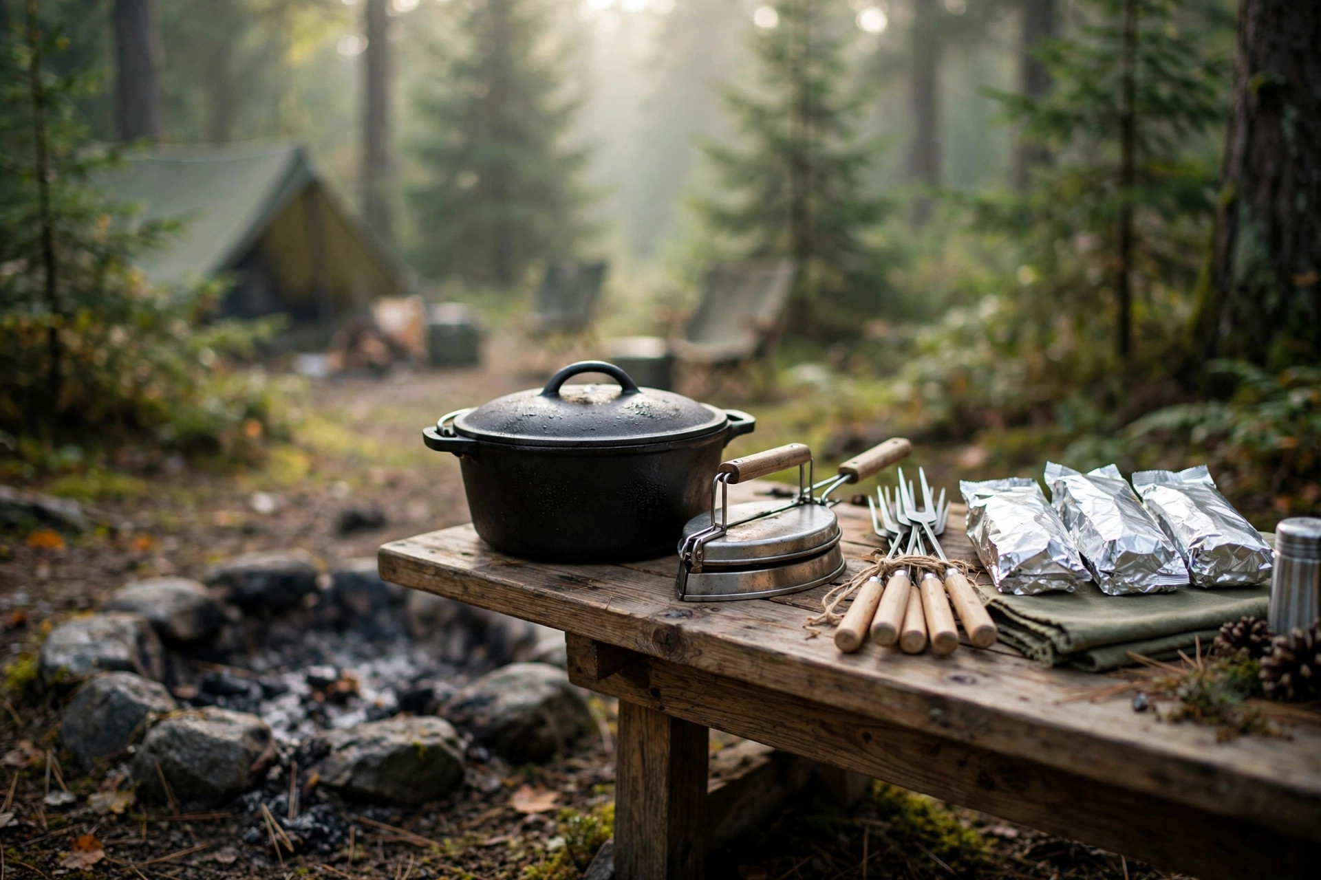 Easiest Camping Meals For Kids 10 Camp kitchen setup for kid-friendly camping meals with Dutch oven and pie irons