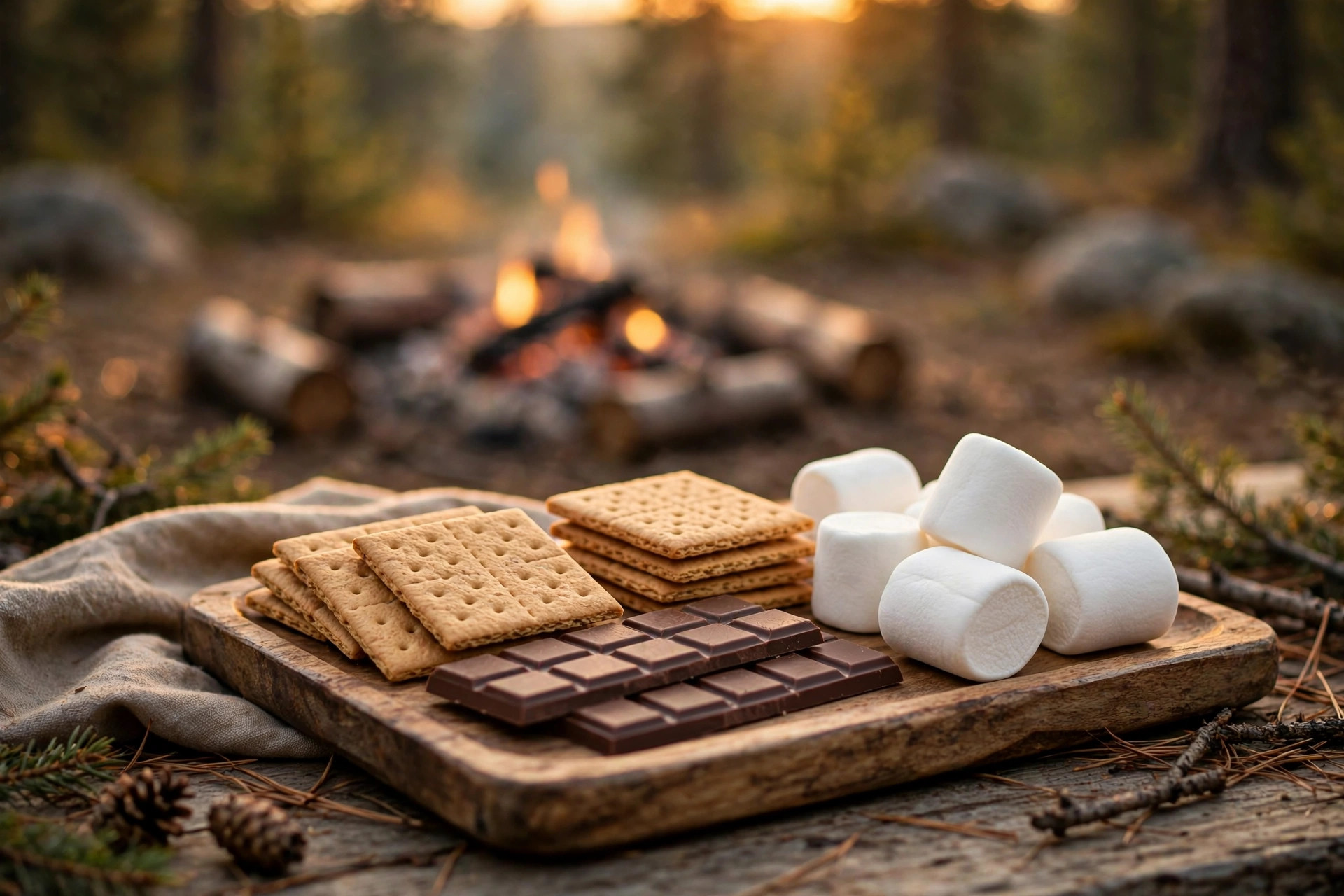 Easiest Camping Meals For Kids 12 Smores ingredients arranged on a wooden tray at a campsite
