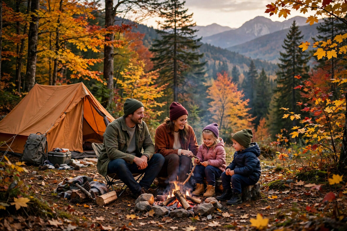 Family tent campsite in autumn forest with fall foliage and campfire at dusk