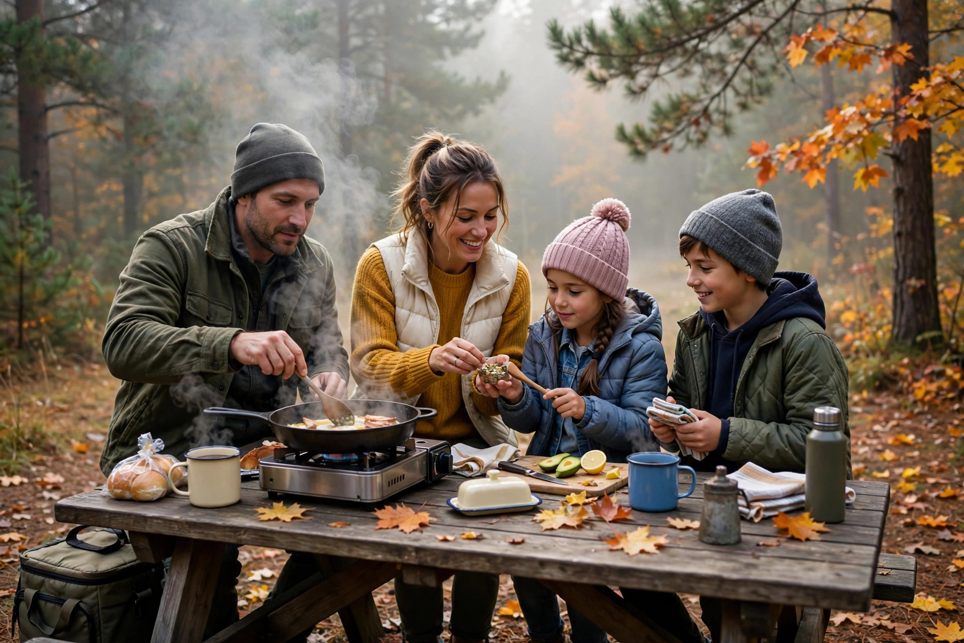 Fall Camping with Kids: What Changes After Labor Day 12 Family cooking breakfast at a camp picnic table on a crisp fall morning