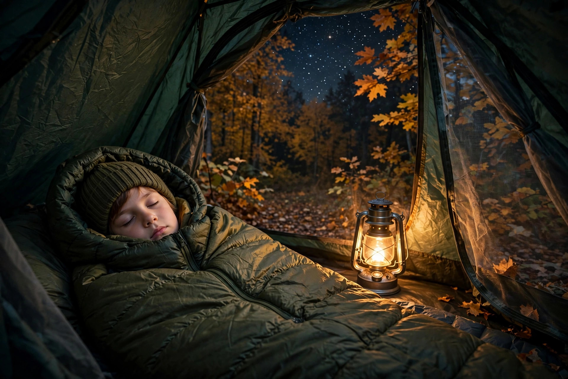 Fall Camping with Kids: What Changes After Labor Day 11 Child sleeping warm inside a tent at night with a glowing camping lantern