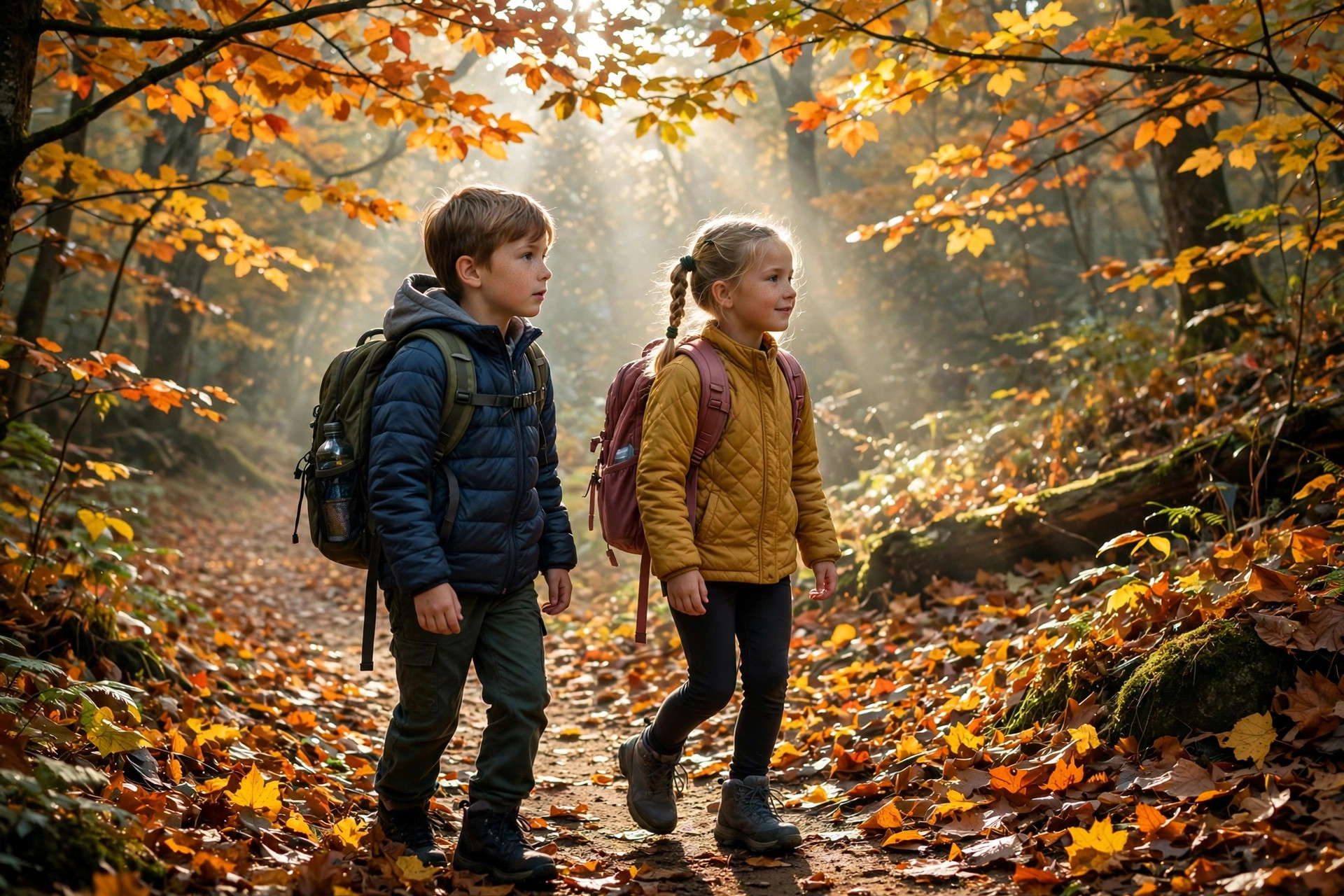 Fall Camping with Kids: What Changes After Labor Day 10 Two children hiking a forest trail covered in fallen autumn leaves