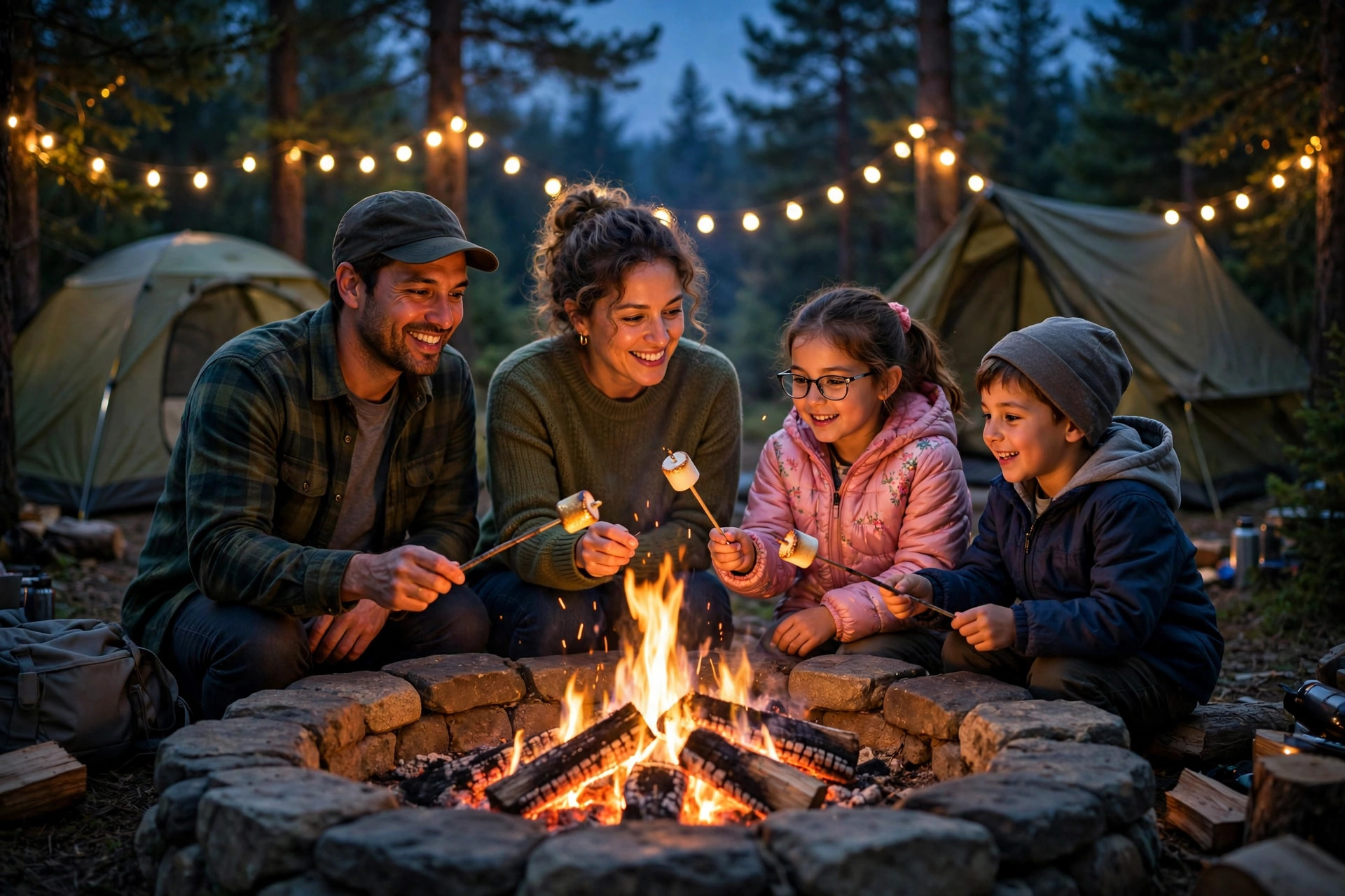 12 Questions to Ask Before Booking a Family Campground 12 Family with kids roasting marshmallows around a campfire at their campsite at dusk