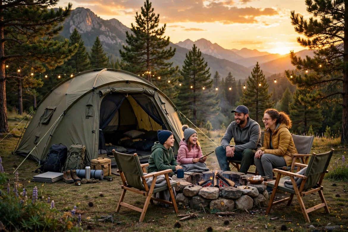 Family of four gathered around a campfire outside their tent at sunset
