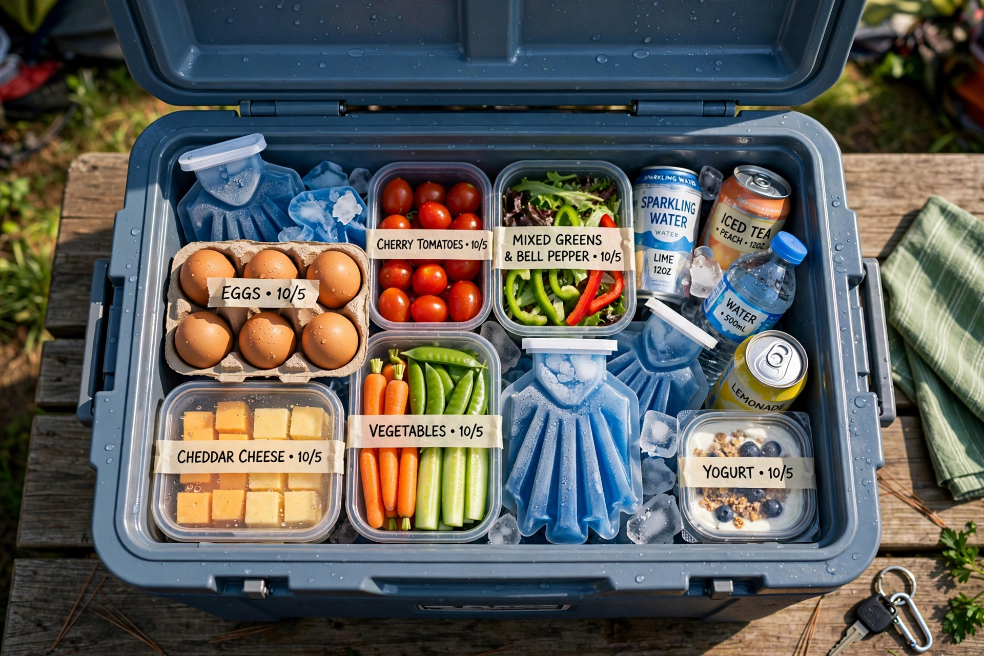 3-Day Family Camping Meal Plan with Shopping List 11 Open camping cooler packed neatly with ice packs, labelled food containers, eggs, cheese and vegetables on a campsite table