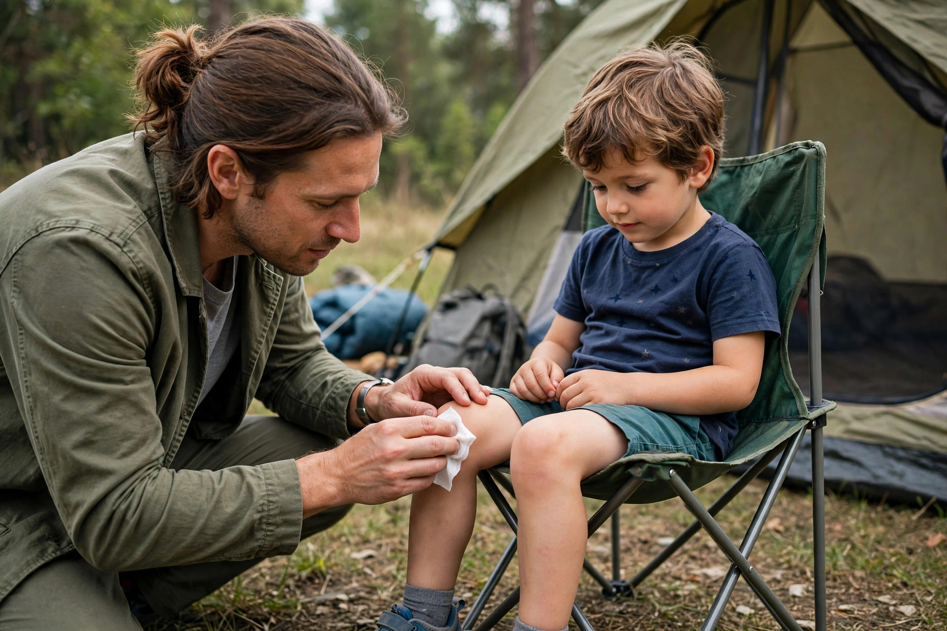 Family Camping First Aid Kit: What to Pack for Kids 12 Parent cleaning a child's scraped knee at a campsite