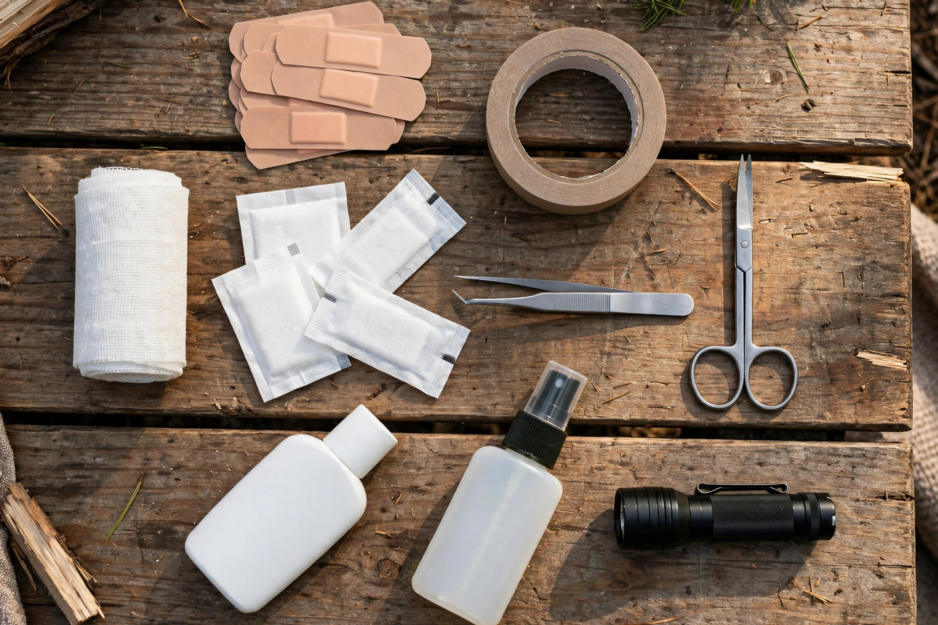 Family Camping First Aid Kit: What to Pack for Kids 10 Camping first aid supplies laid out on a wooden camp table