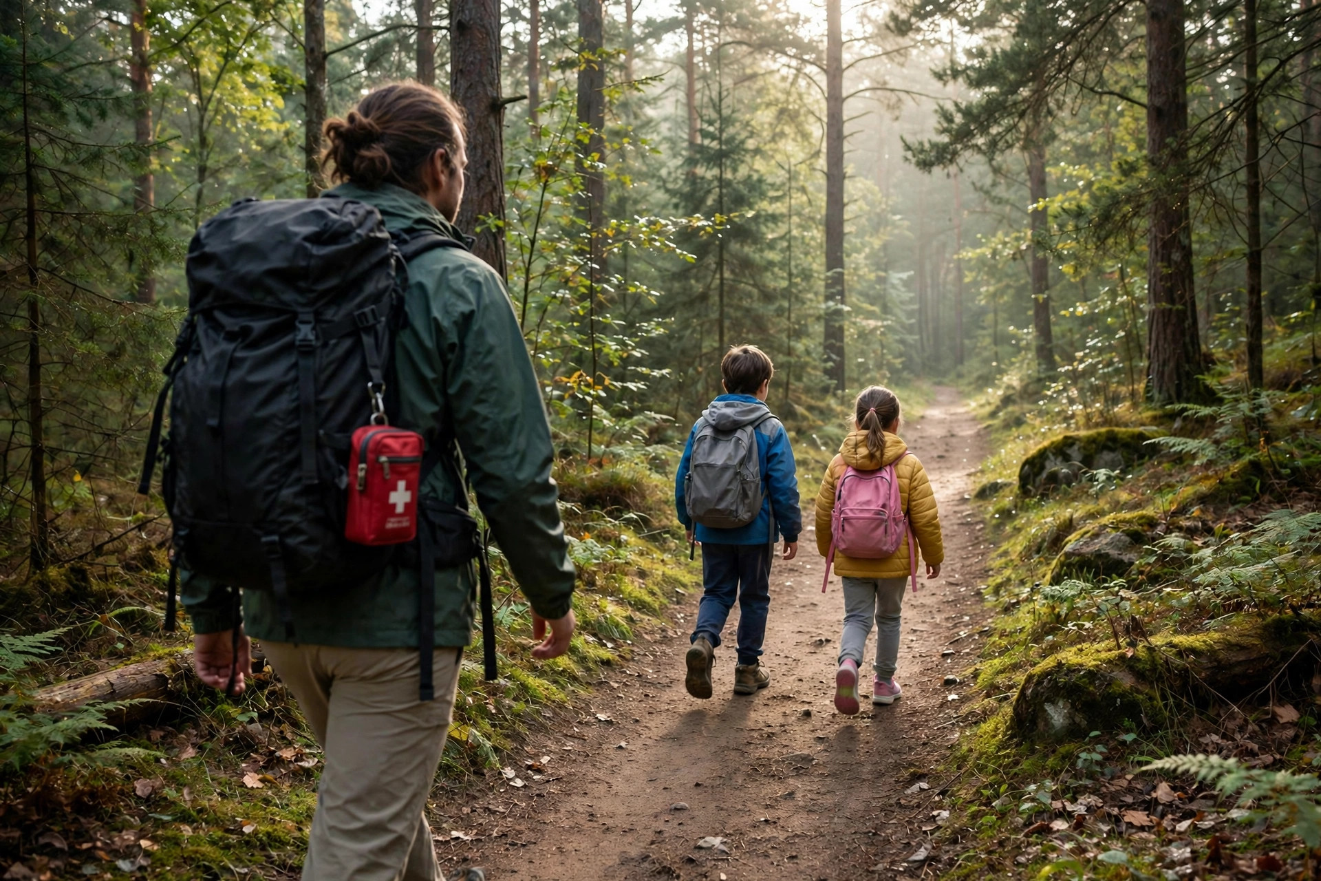 Family Camping First Aid Kit: What to Pack for Kids 11 Family hiking a forest trail with a first aid pouch on a backpack