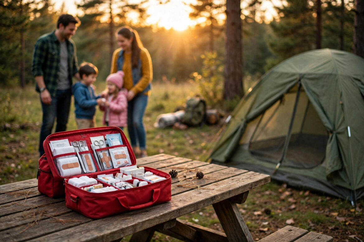 Family campsite with an open first aid kit on a picnic table at golden hour