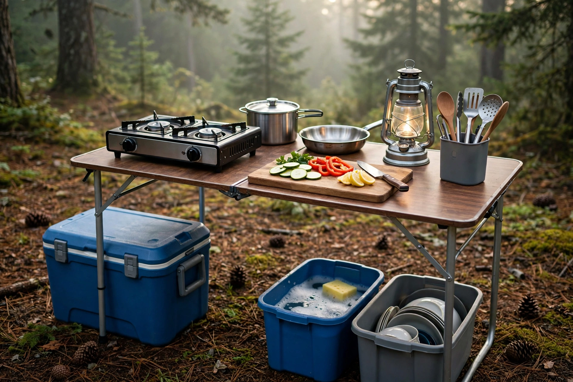 Organized family camp kitchen setup with stove, cooler and cooking gear