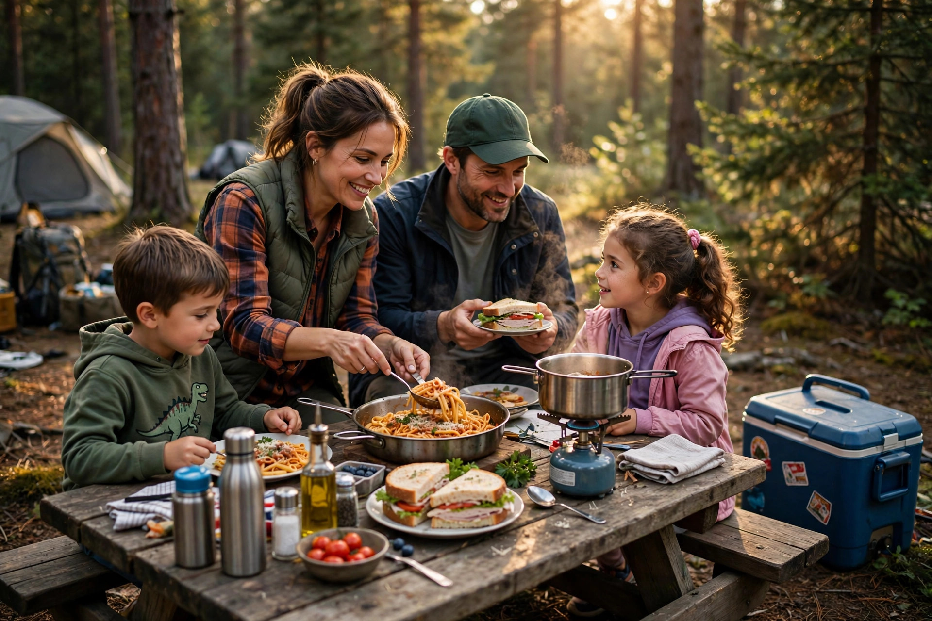 3-Day Family Camping Meal Plan with Shopping List 10 Family picnic table at a forest campsite with a camp stove, pasta, sandwiches and a cooler, parents serving food to two young children