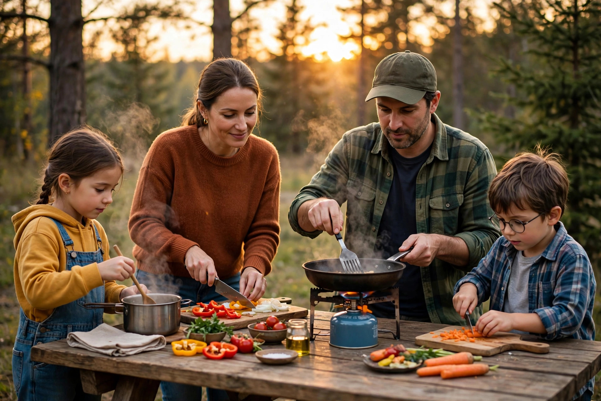 Parent cooking dinner on a portable camp stove at a picnic table while the family helps