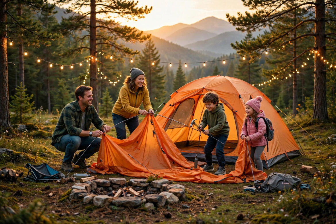 Family setting up an orange dome tent at a golden-hour forest campsite