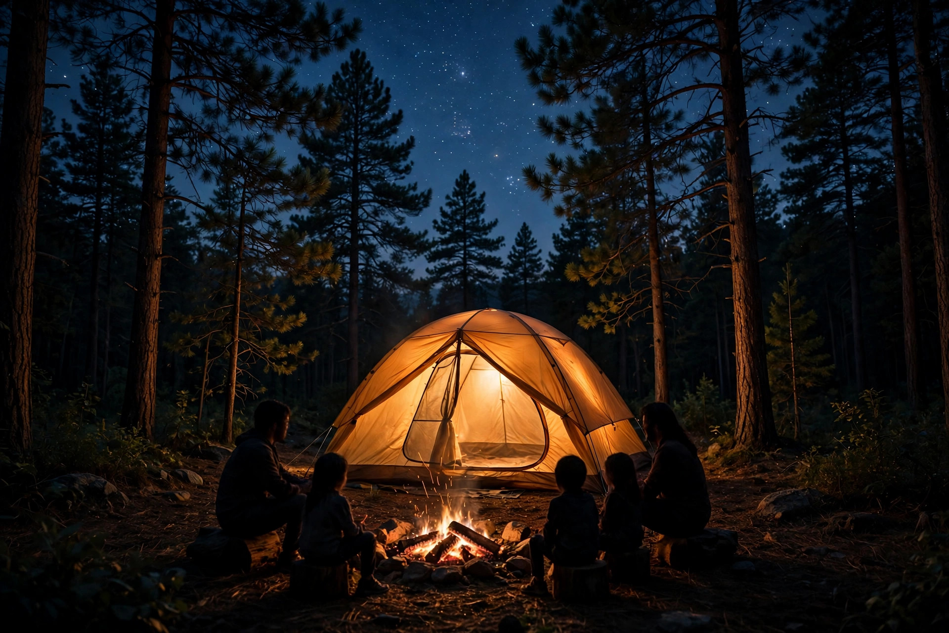 Glowing tent at night in a forest campsite with the family around a campfire under the stars